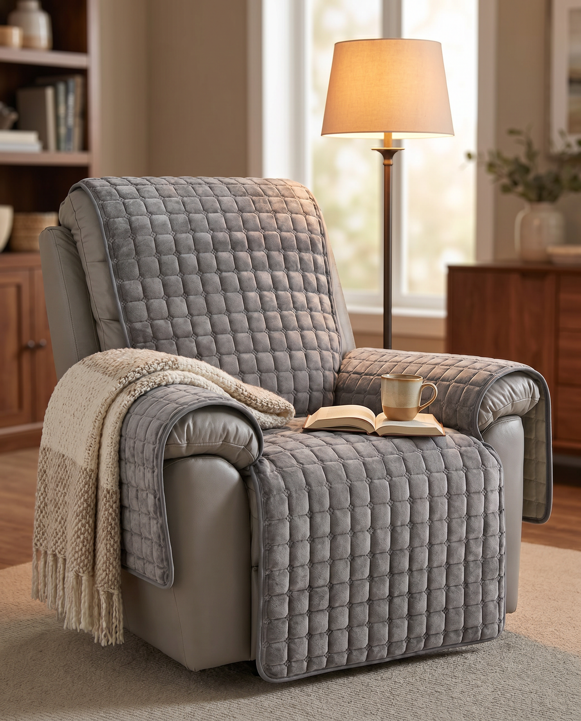 Morbido Abbraccio Stretch Recliner Slipcover - Gray - Single recliner armchair in cozy living room corner