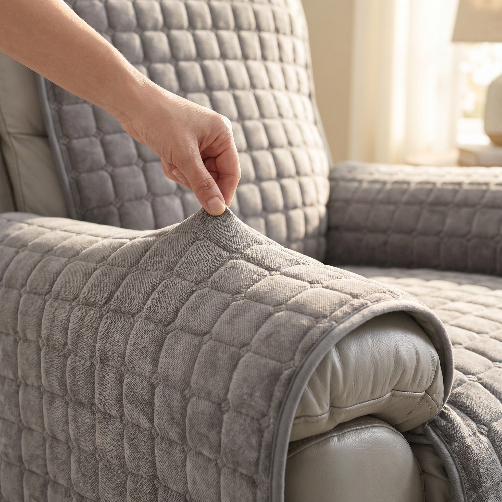 Morbido Abbraccio Stretch Recliner Slipcover - Gray - Close-up detail of stretch fabric tailored fit