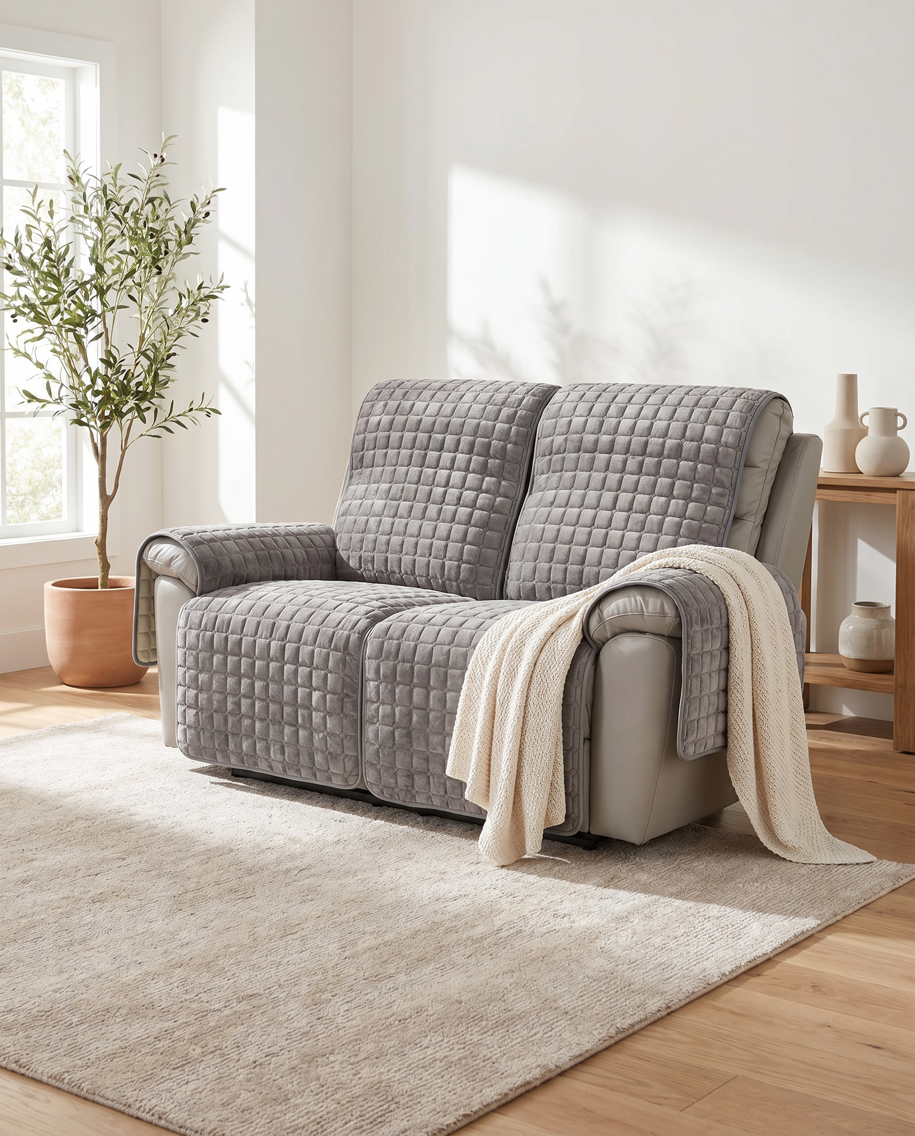 Morbido Abbraccio Stretch Recliner Slipcover - Gray - Two-seat reclining loveseat in sunlit modern living room