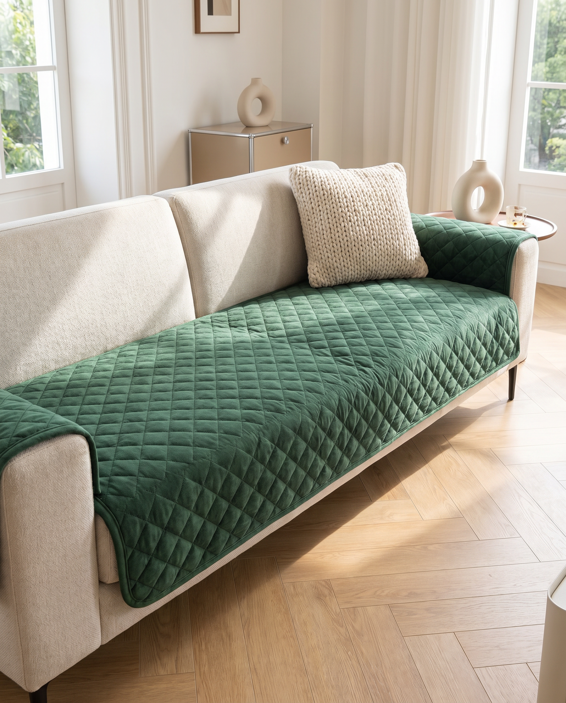 Trapunta Lusso Quilted Sofa Cover - Forest Haze - Draped over sofa in modern Italian living room