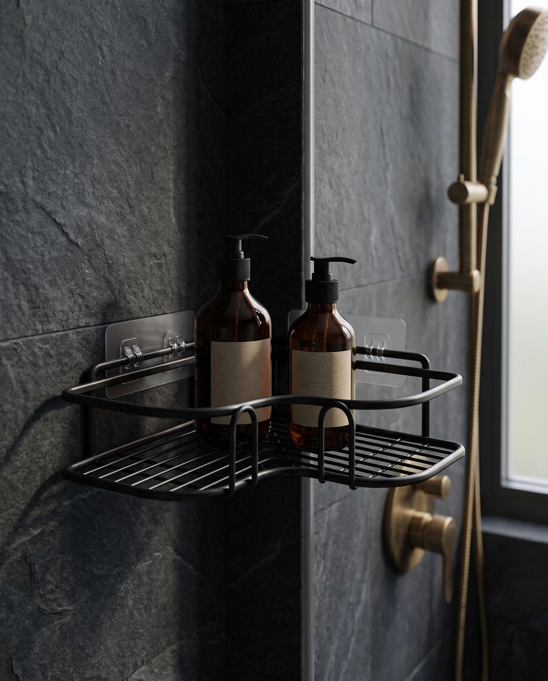 Matte black corner shower caddy in a moody modern bathroom