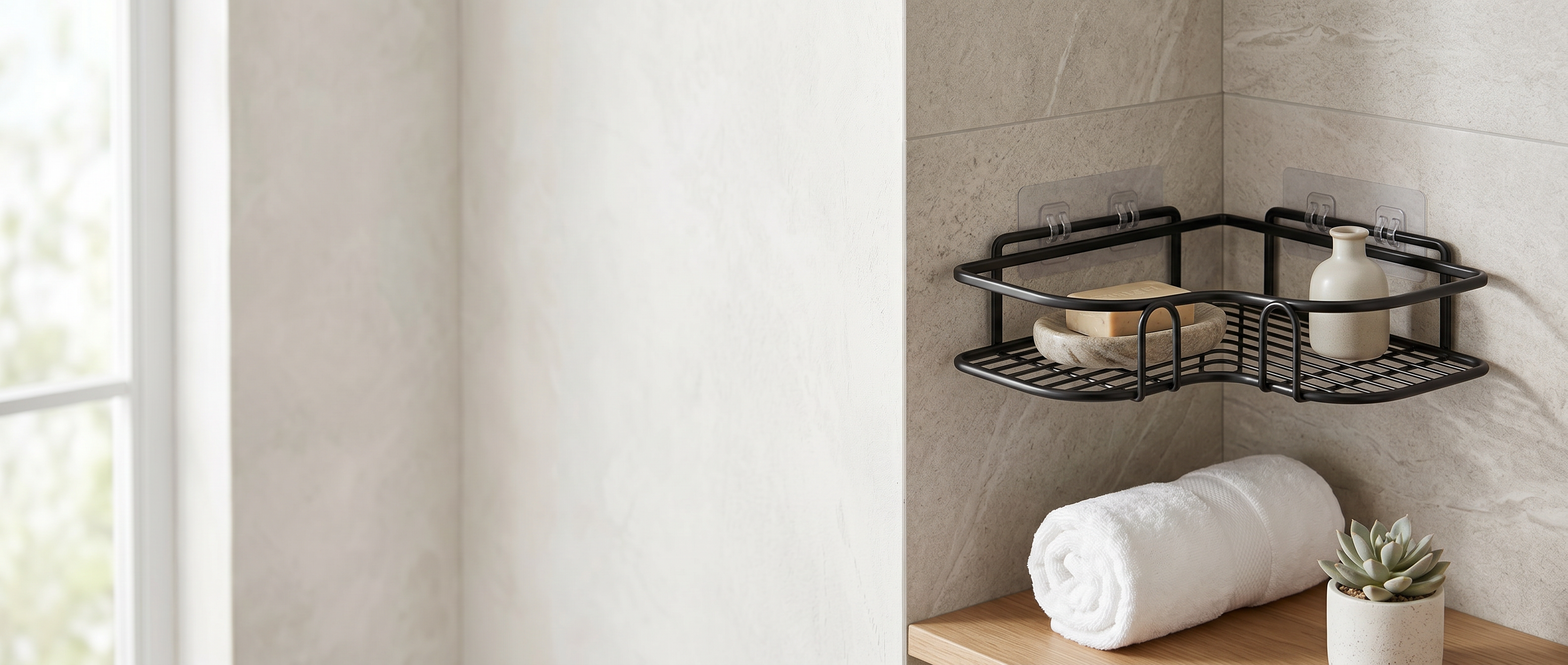 Angolo Sereno corner shower caddy lifestyle banner