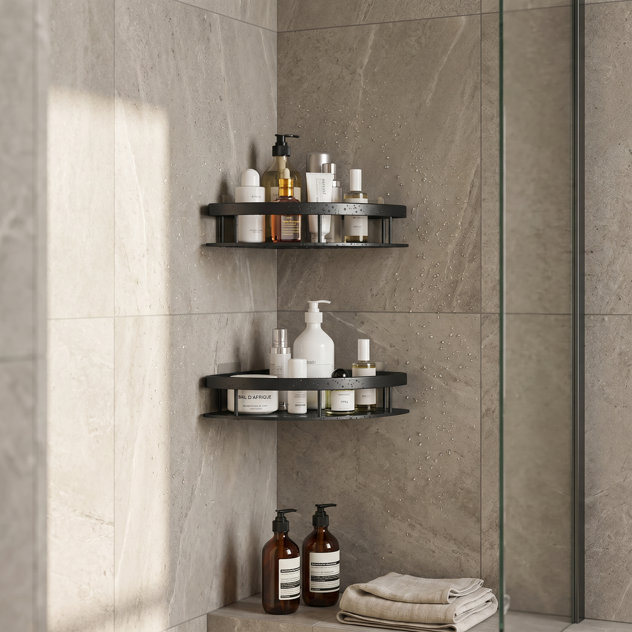 Curva Serena black 2-tier corner shower caddy mounted in a modern walk-in shower