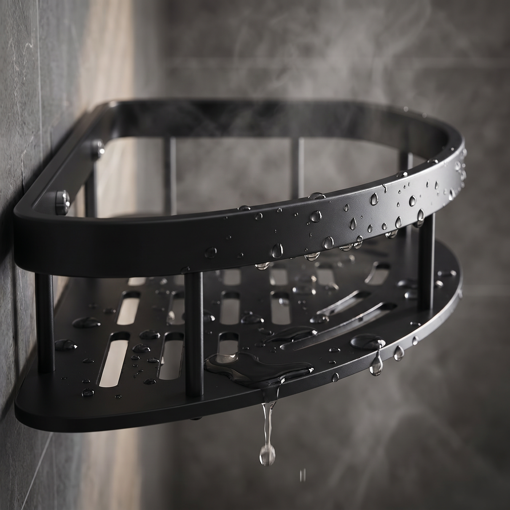 Close-up of the Curva Serena shower caddy open frame draining water
