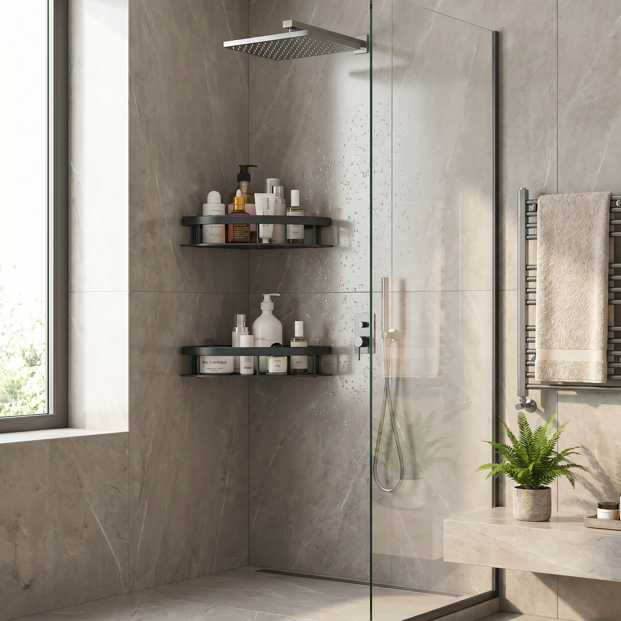 Curva Serena black shower caddy in a serene modern bathroom