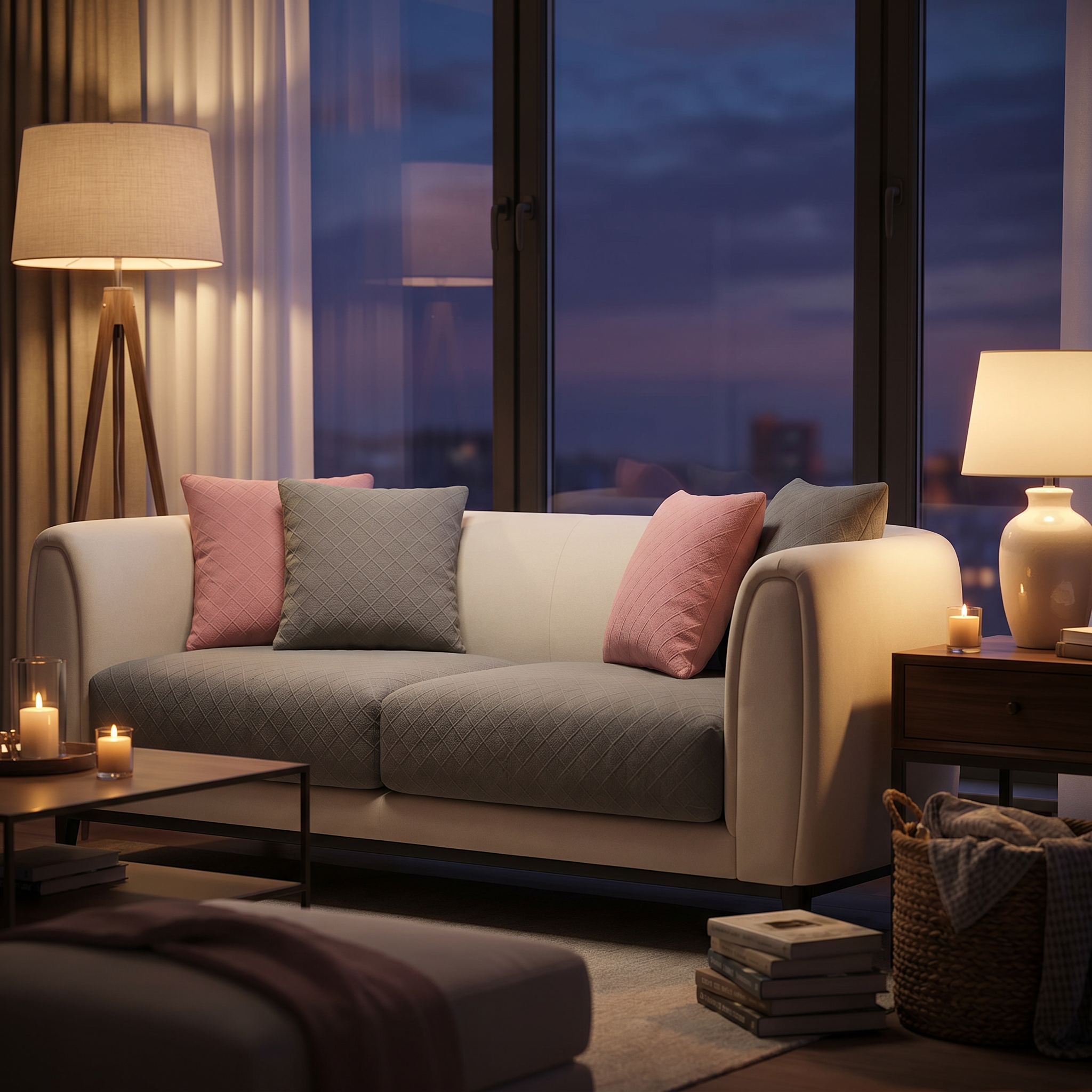 Abbraccio Sereno Quilted Sofa Cover in a warm evening living room