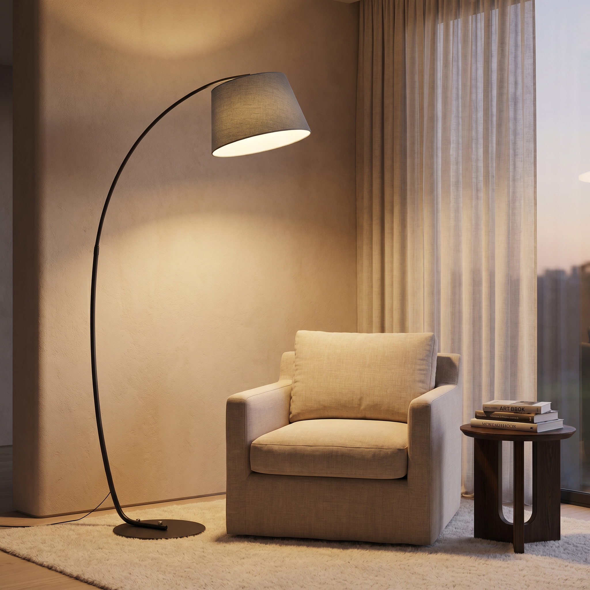 Lume Sereno Adjustable Arm Floor Lamp in matte black, lit warm in a cozy reading nook