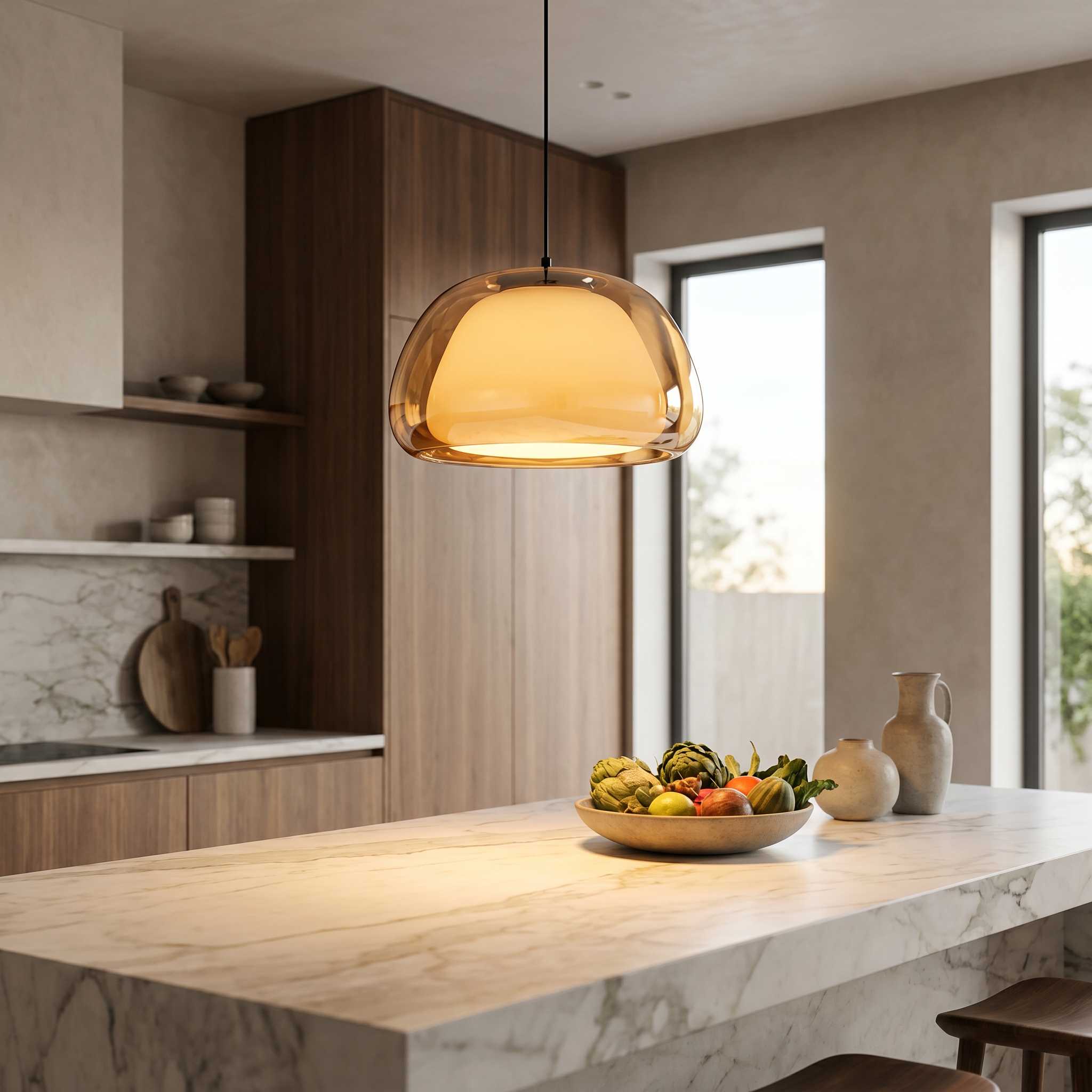 Virelia Sfera glass pendant light above a kitchen island with warm glow