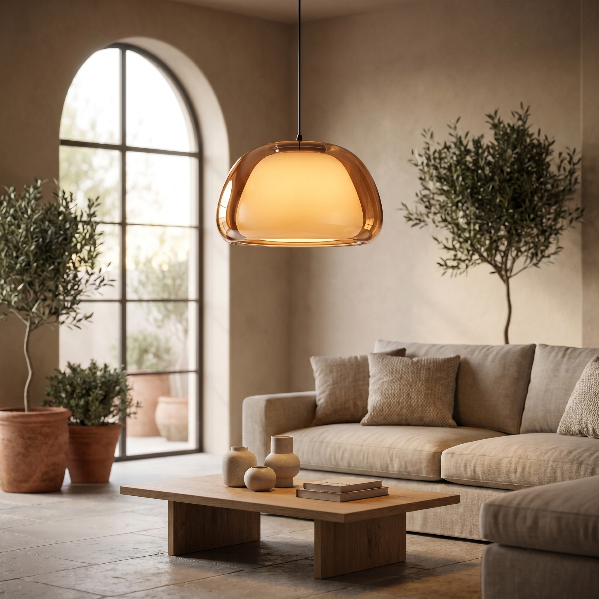 Virelia Sfera glass pendant light glowing in a warm modern Italian living room