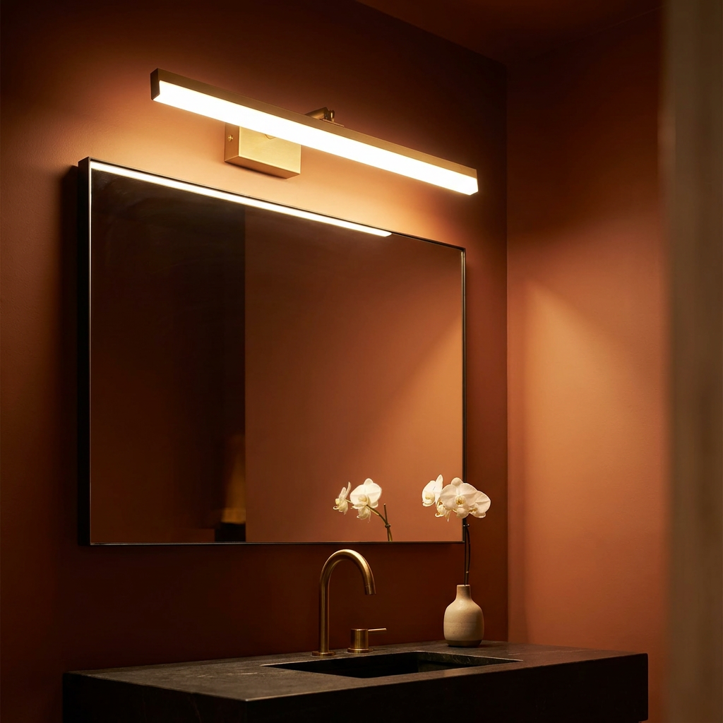 Gold LED vanity light casting a warm glow in an intimate powder room