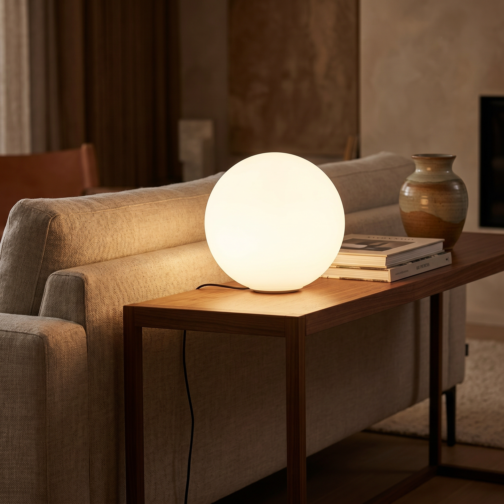 Sfera Lunare opal glass table lamp glowing on a console in a contemporary living room