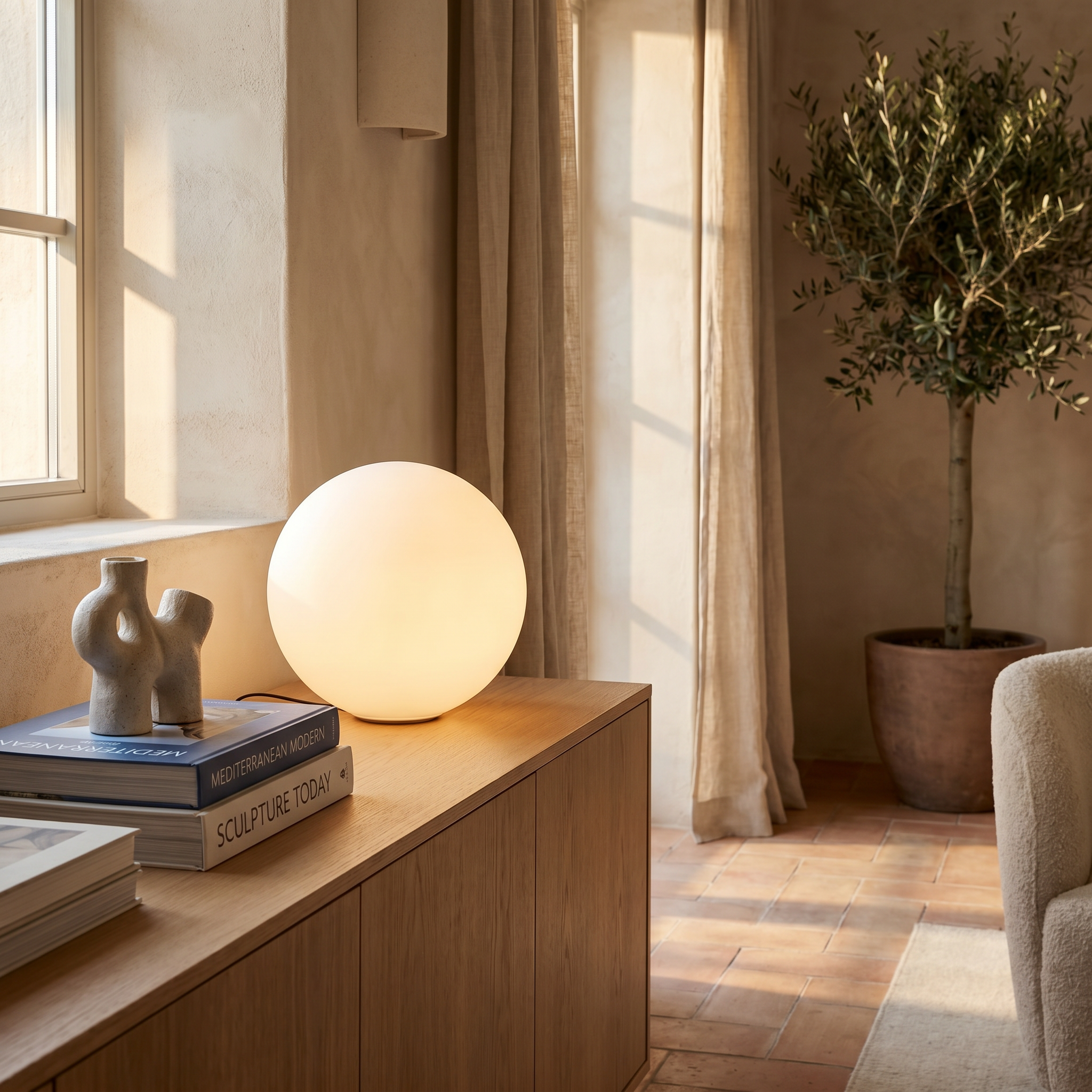 Sfera Lunare opal glass table lamp on a sideboard in a sunlit living space