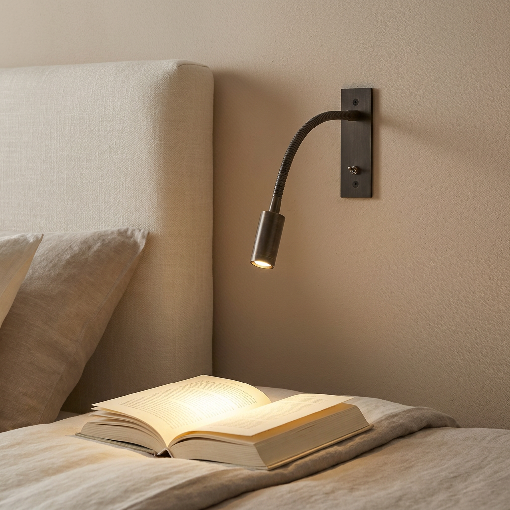 Bronze flex wall reading light above a bedside table, warm reading glow