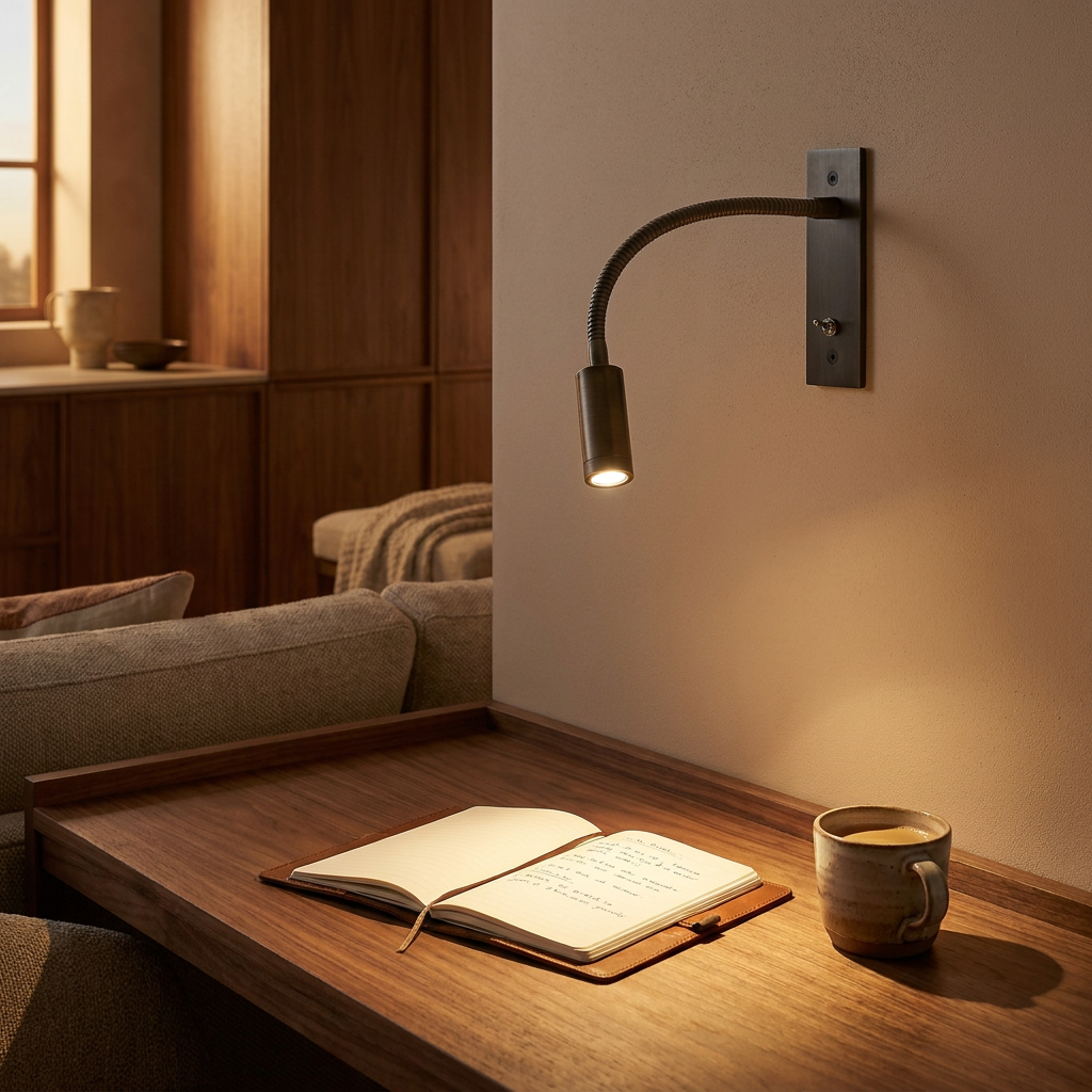 Bronze flex wall reading light over a home-office desk