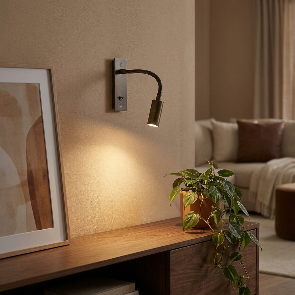 Bronze flex wall reading light above a living-room console