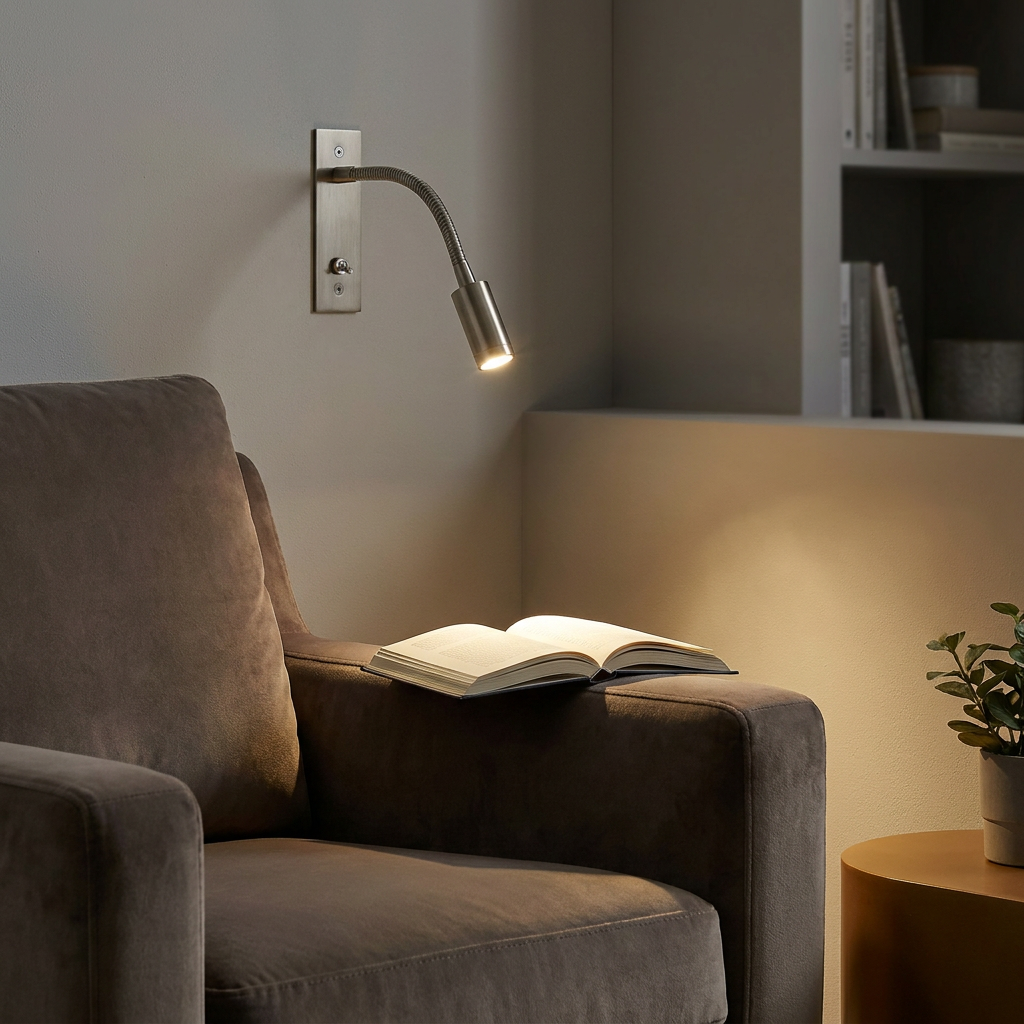 Antique silver flex wall reading light beside a reading armchair