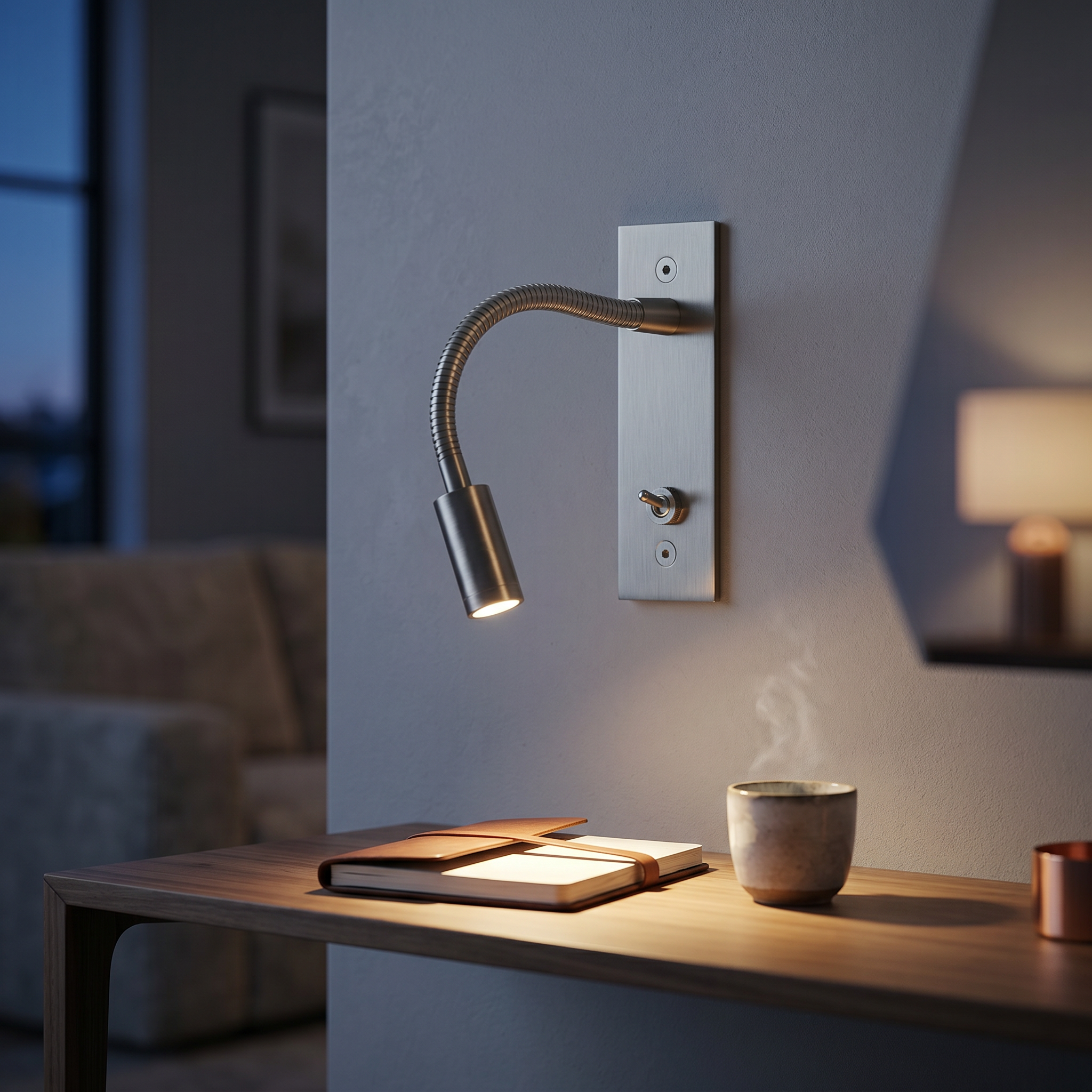 Antique silver flex wall reading light over a home-office desk