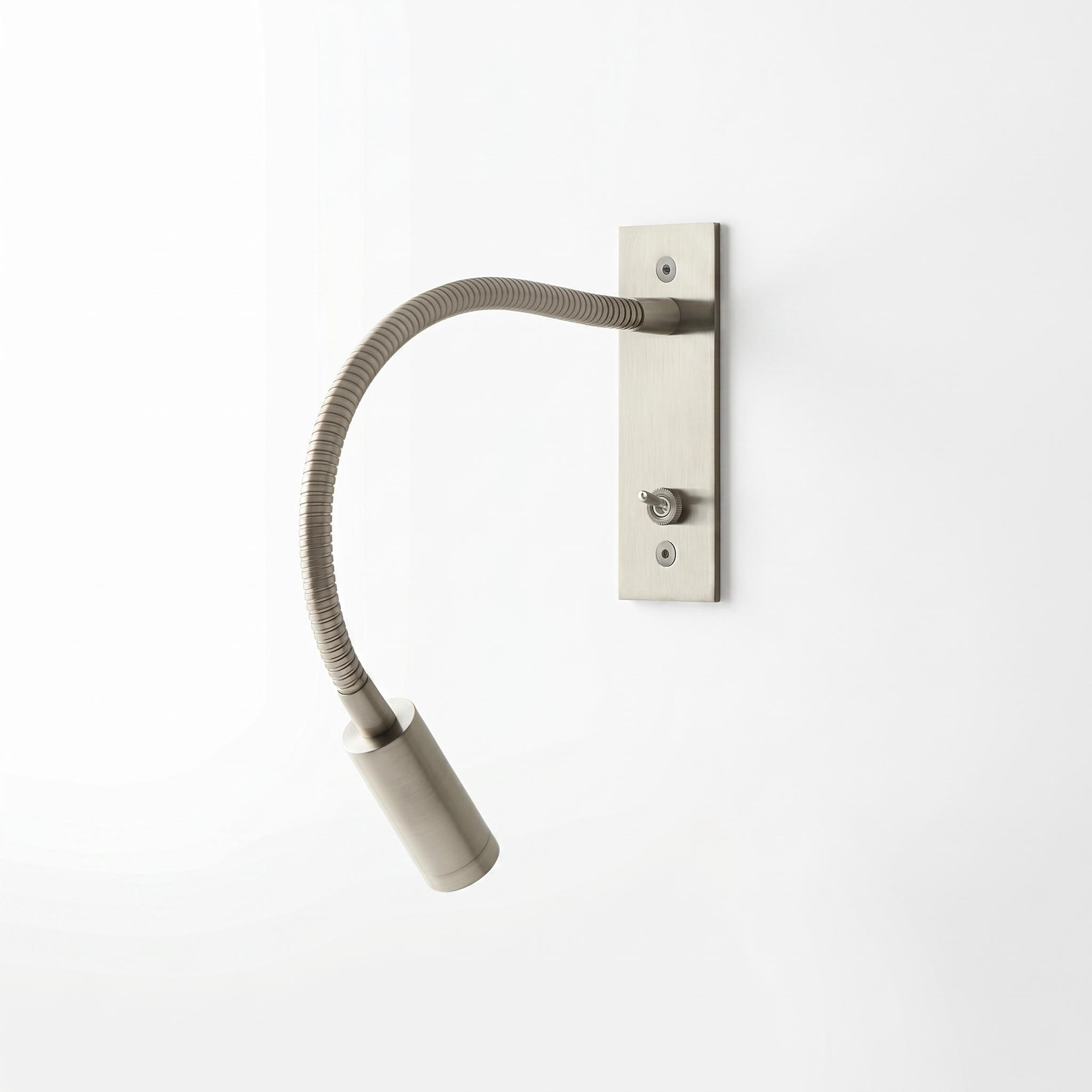Penombra adjustable wall reading light in antique silver finish, white background