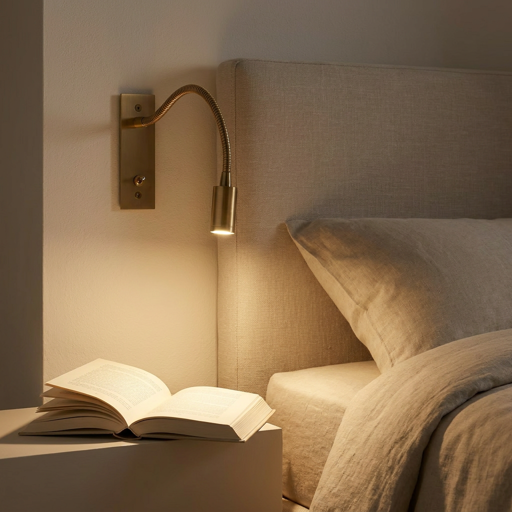 Antique brass flex wall reading light above a bedside table, warm reading glow