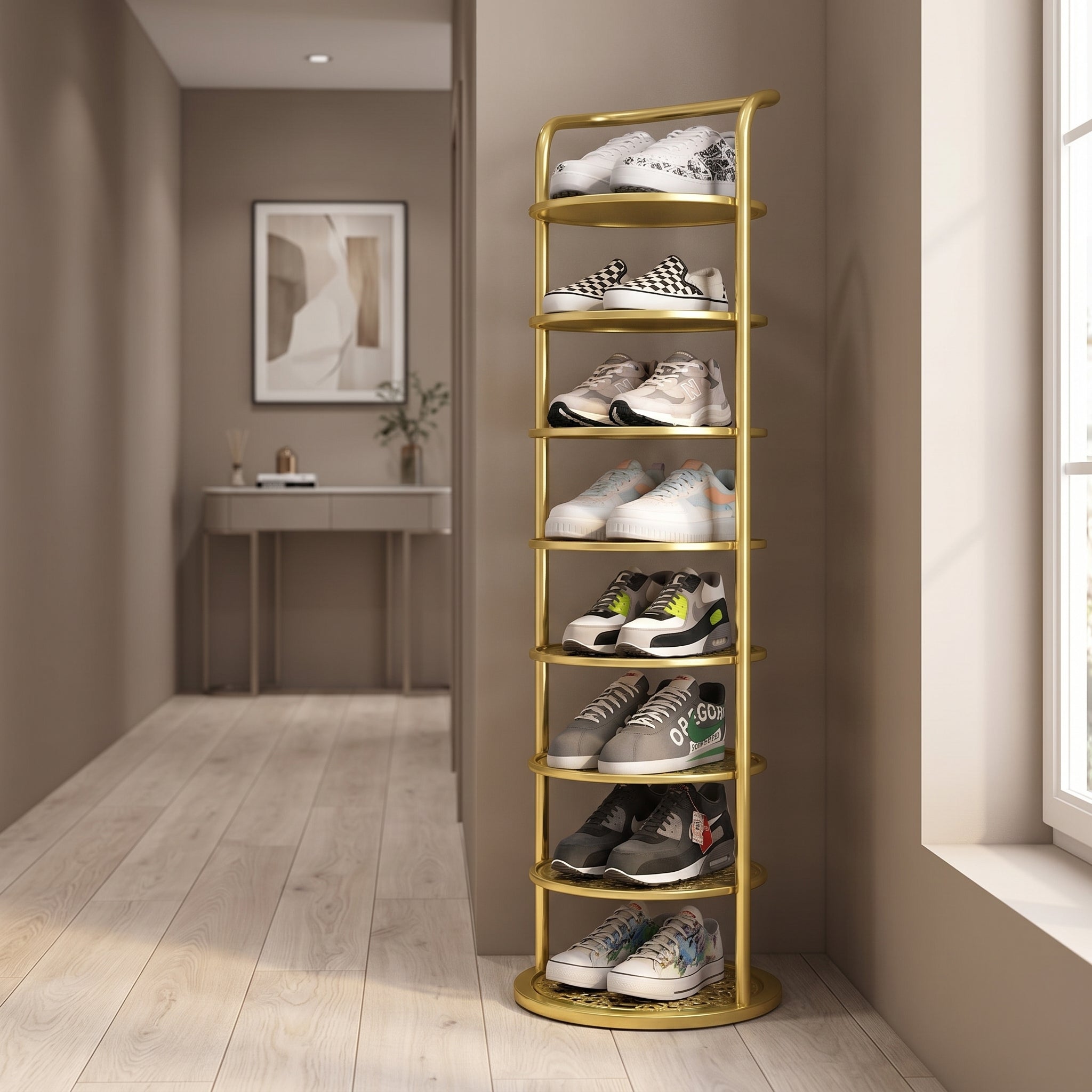 Gold round tiered shoe rack in a refined modern hallway with oak flooring