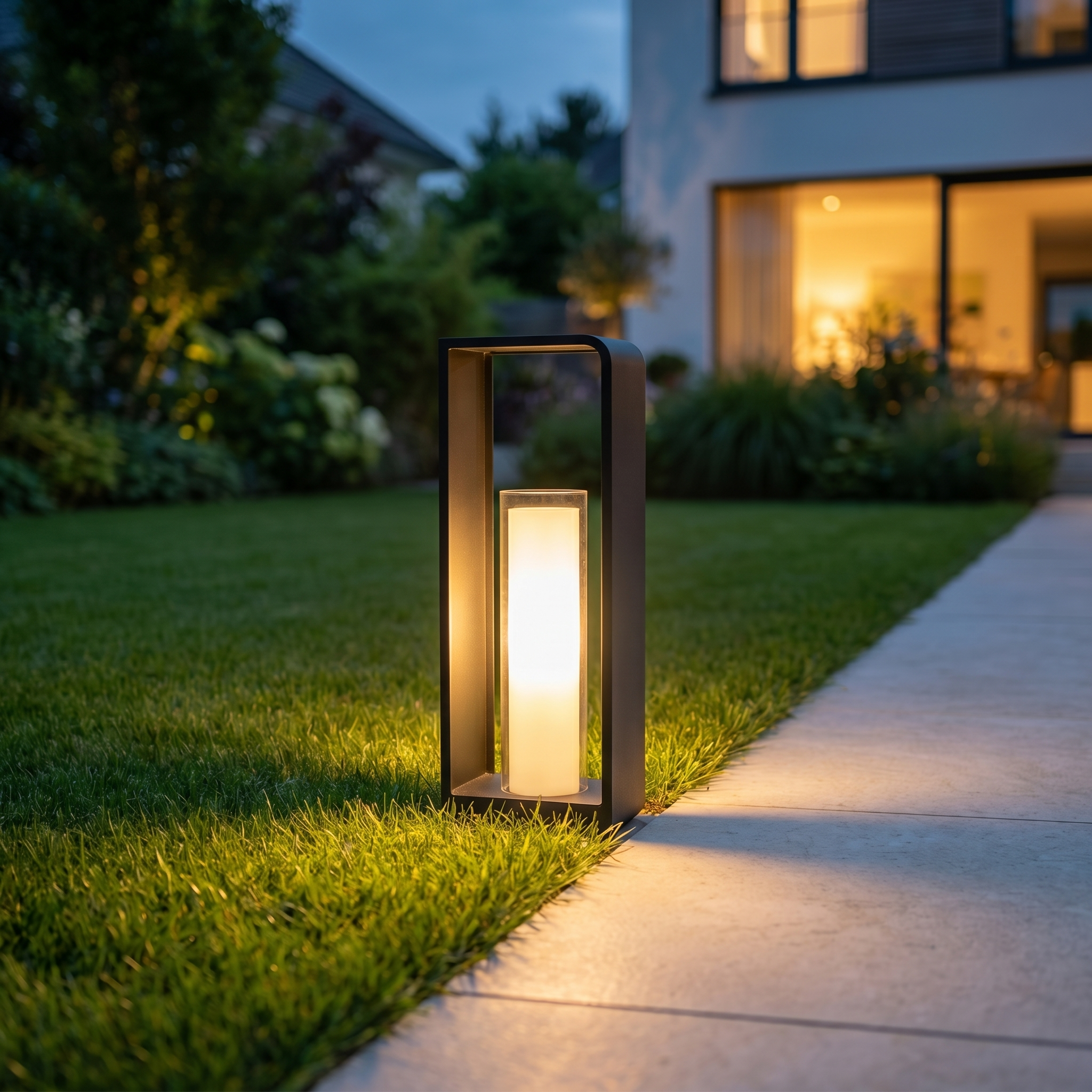 Cornice Lumina outdoor LED landscape light with warm-white glow on a garden lawn at dusk
