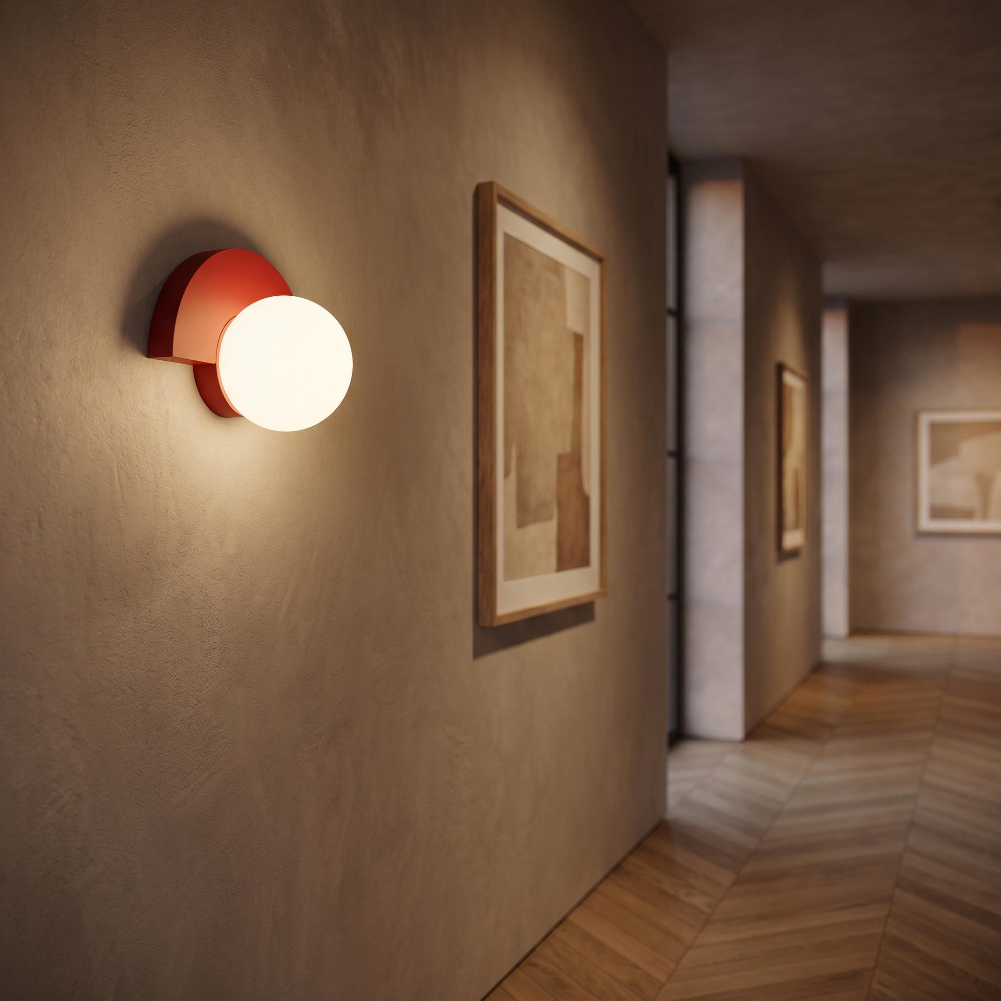 Bolla Lucente red glass globe wall sconce as an accent in a designer gallery hallway