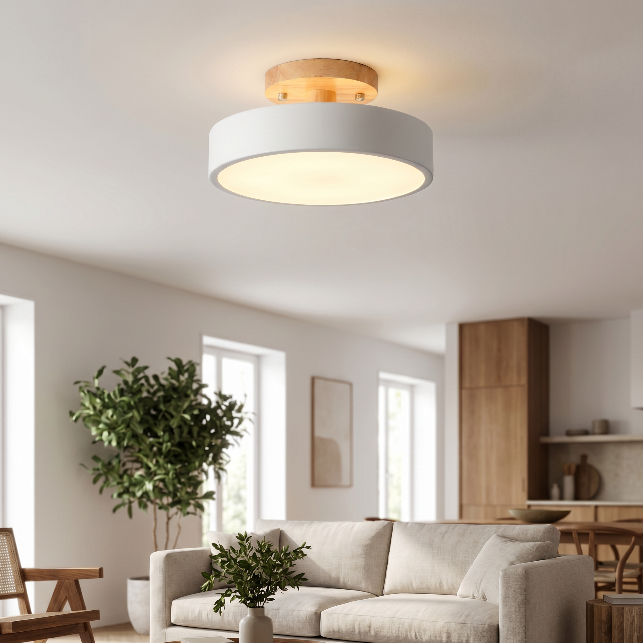 White LED wood ceiling light in a modern living room