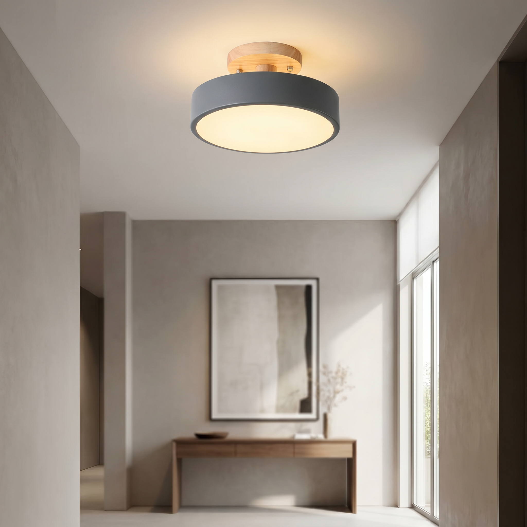 Gray wood semi-flush ceiling light in a modern entryway hallway