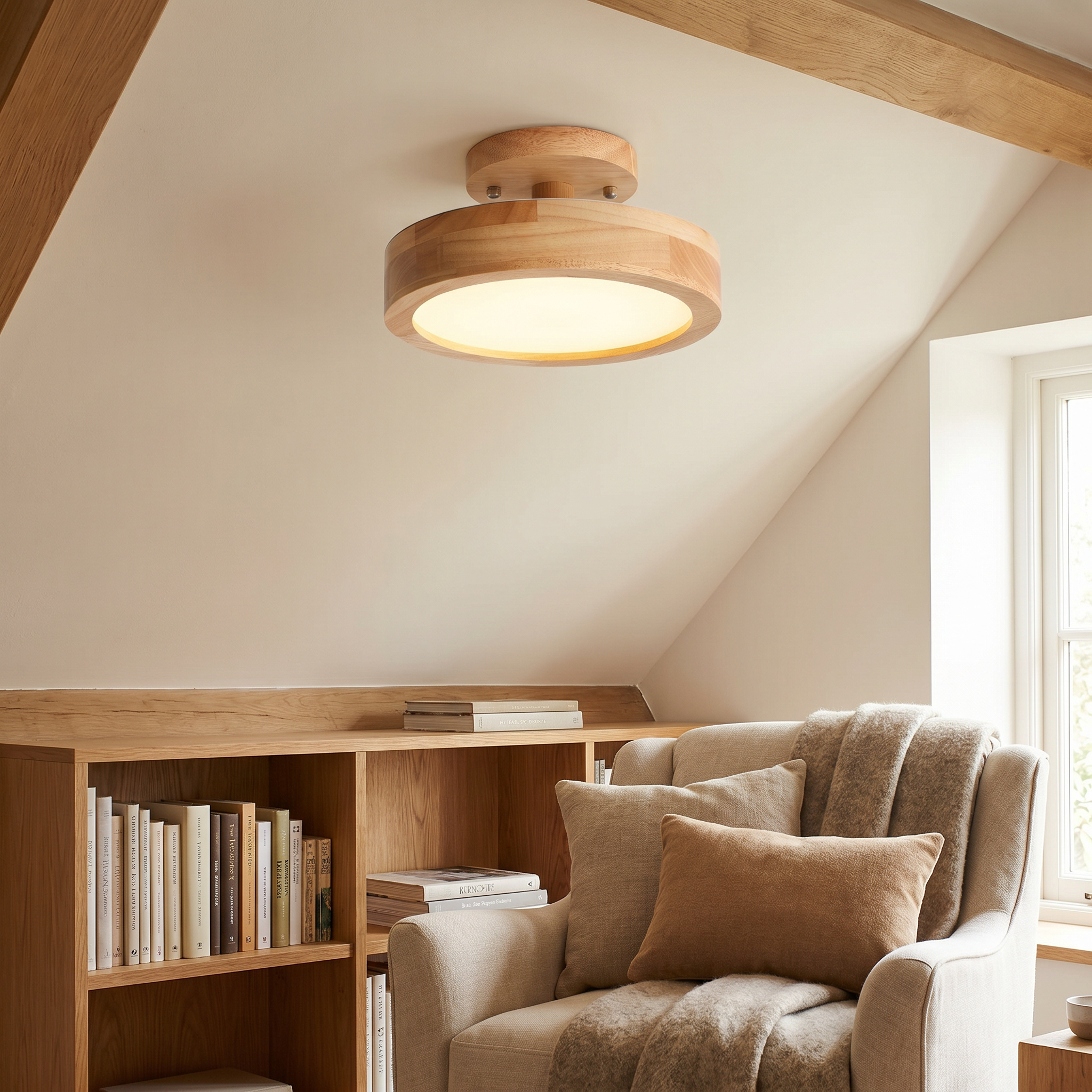 Natural wood LED ceiling light in a cozy reading nook