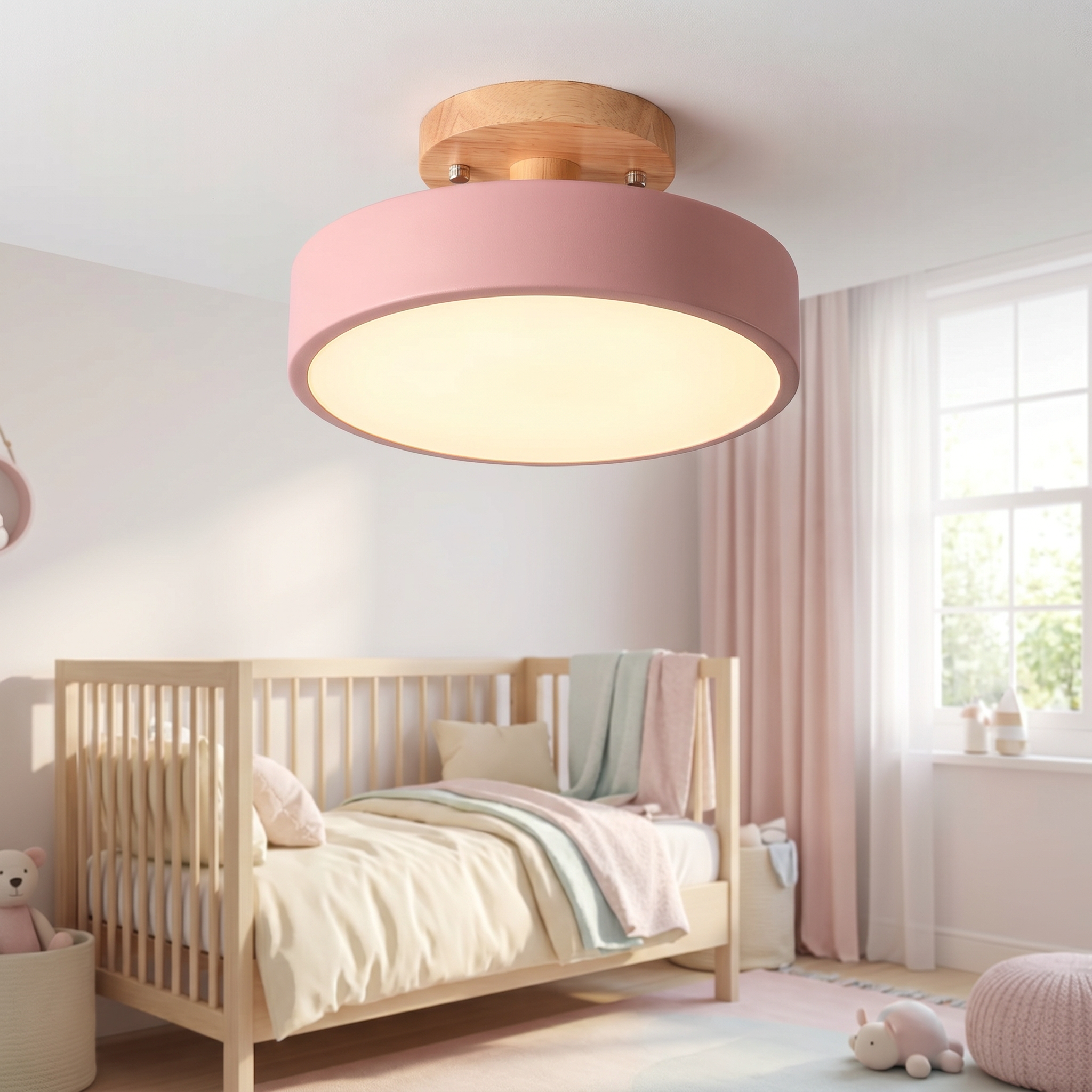 Pink wood semi-flush ceiling light in a nursery
