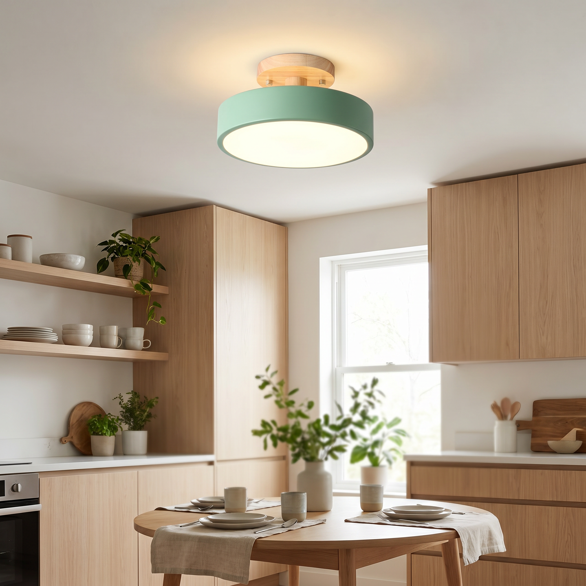 Mint green wood LED ceiling light in a modern kitchen dining nook