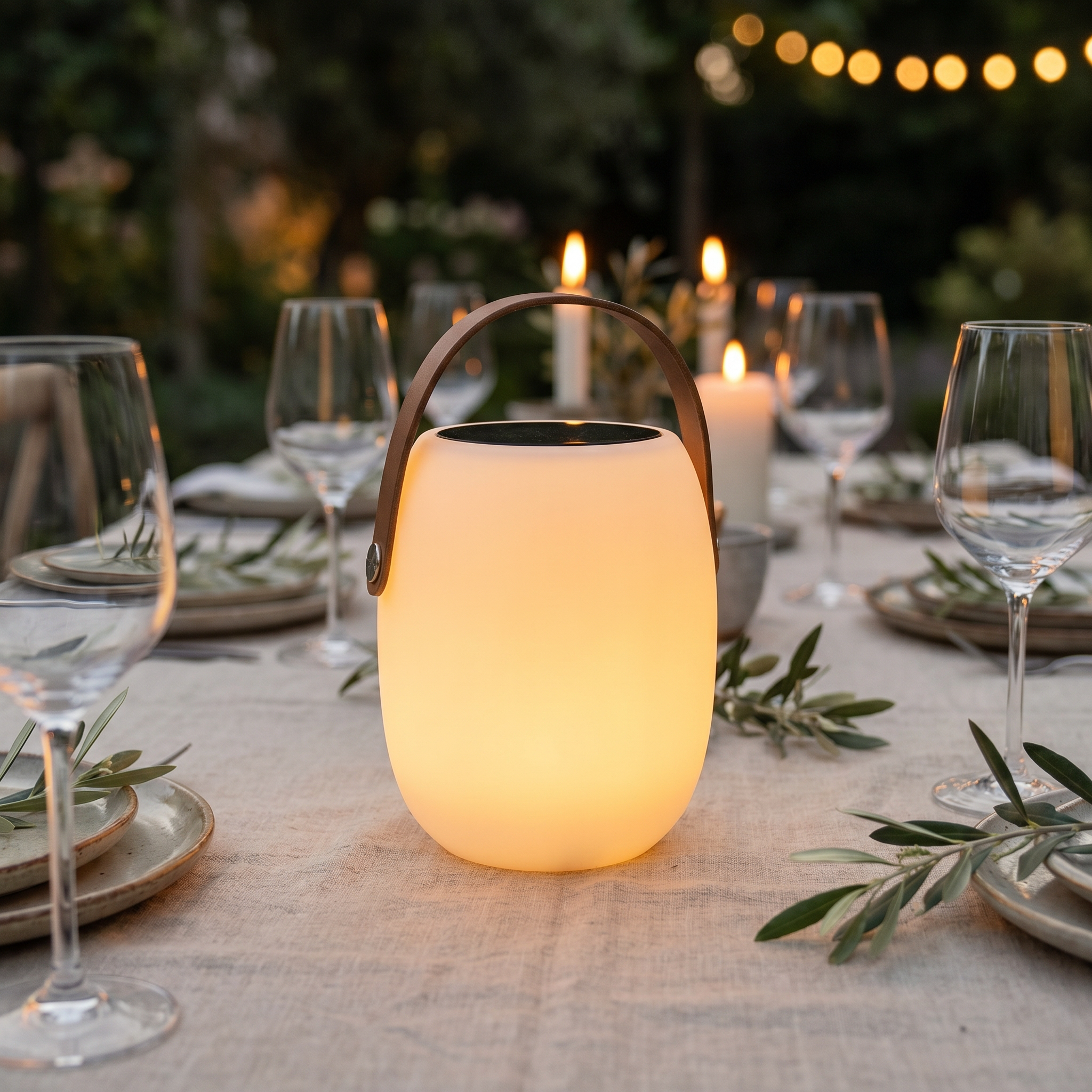 Lucciola Costiera lantern as a centerpiece on an alfresco dining table