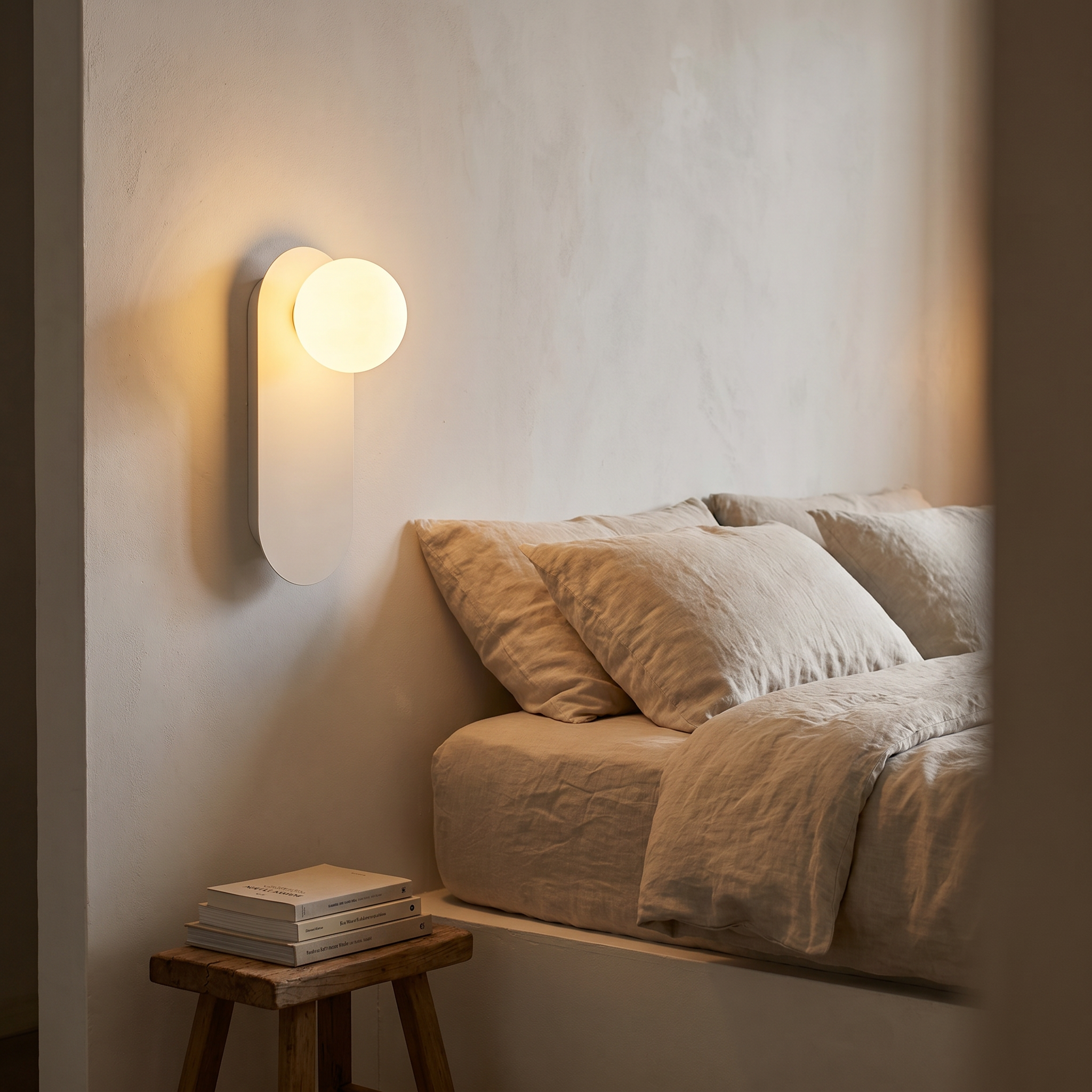 White Sfera Lucente wall sconce with warm 3000K glow beside a linen bed