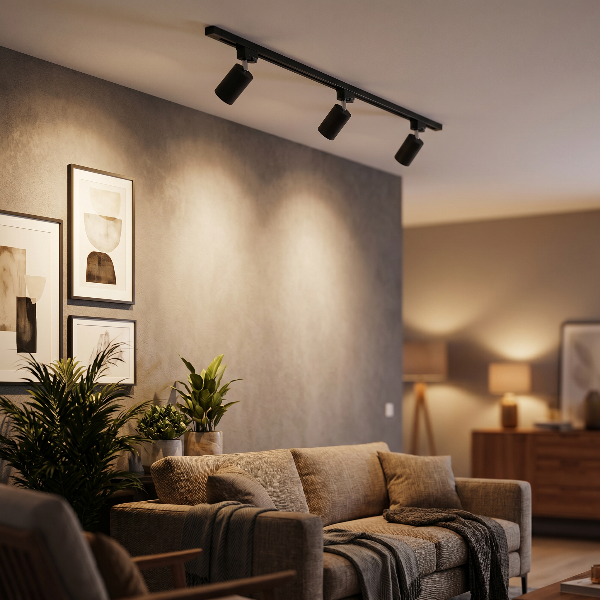Black Linea Lucente track lighting in a warm modern living room