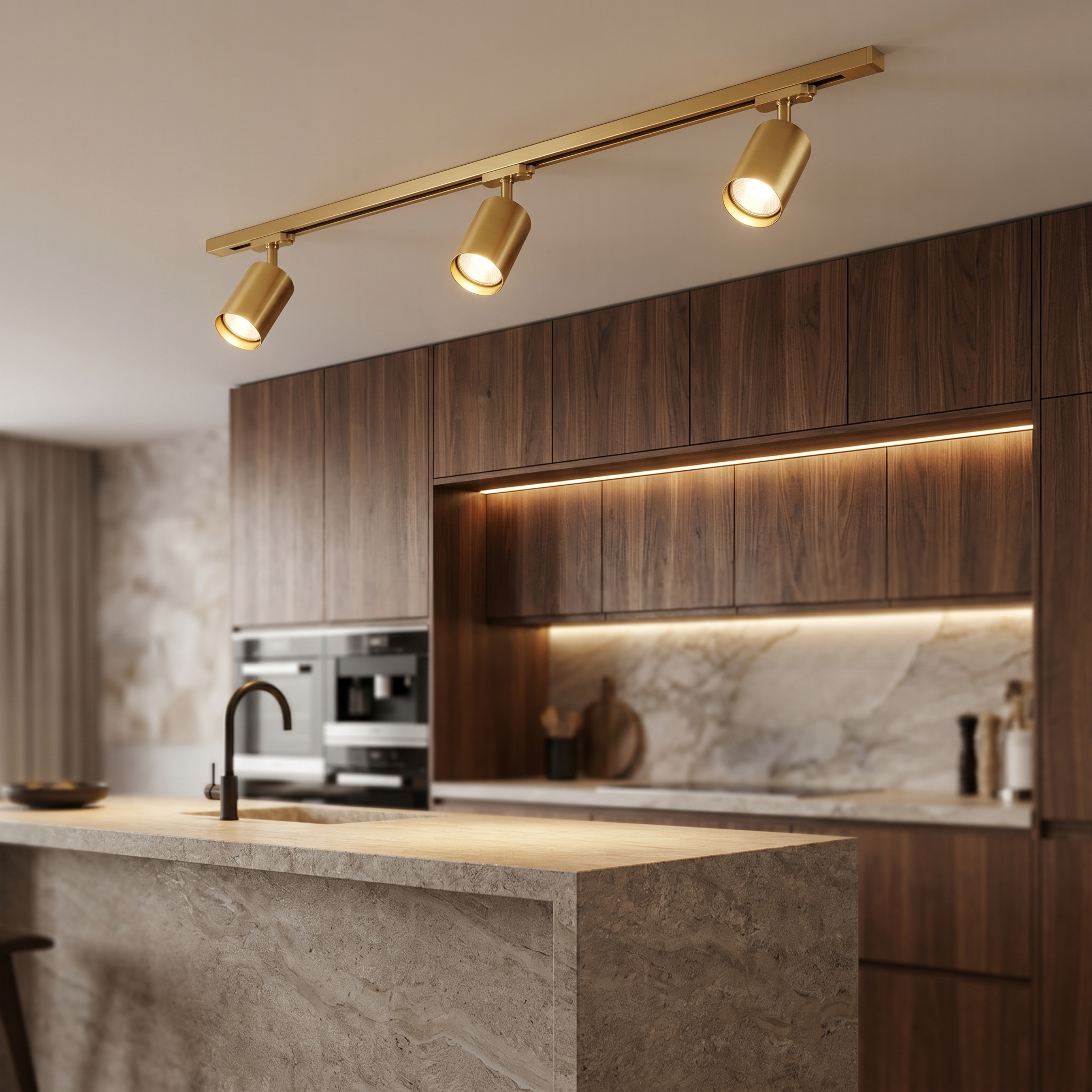 Gold Linea Lucente track lighting in an upscale walnut kitchen