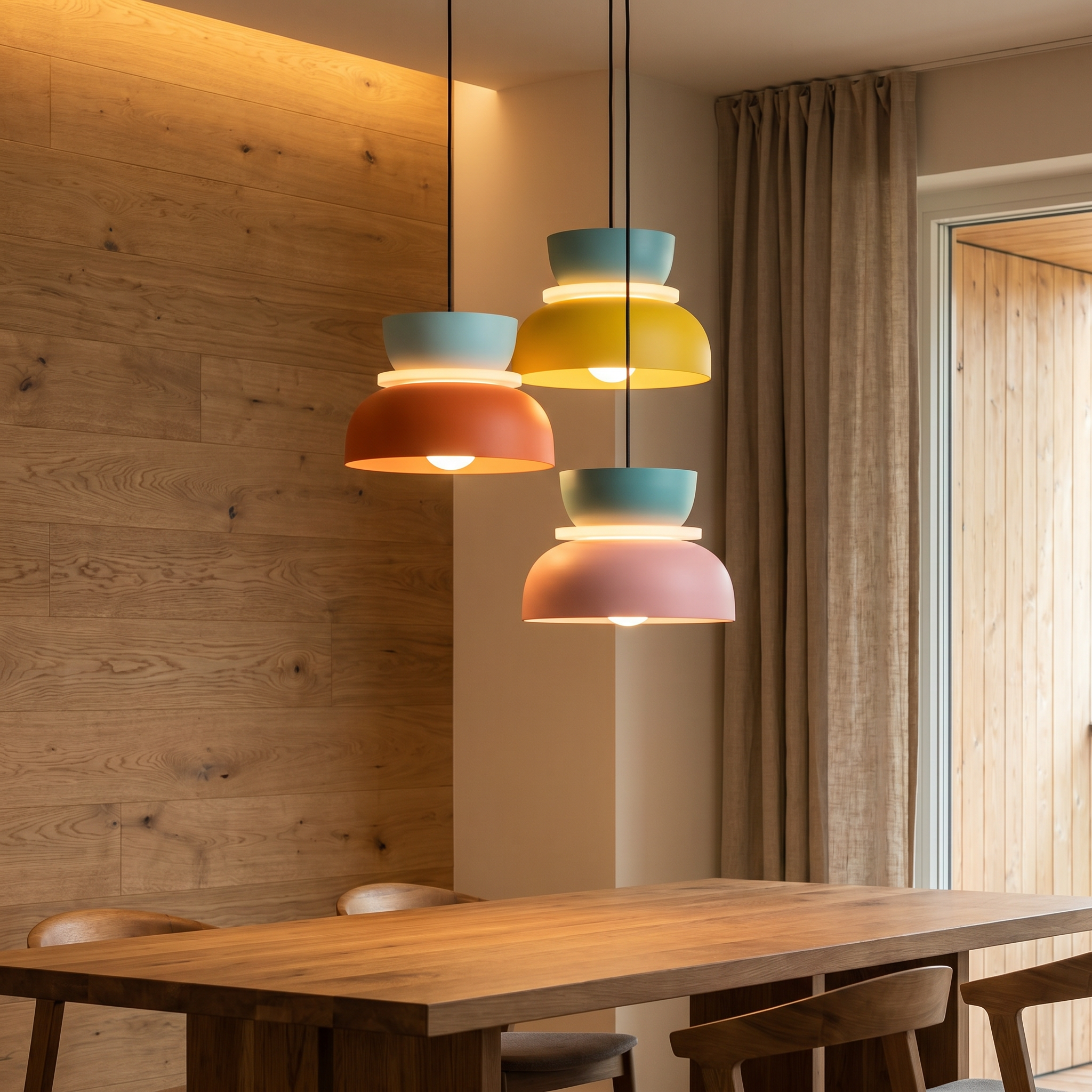 Colorful Macaron pendant lights clustered over a modern dining table