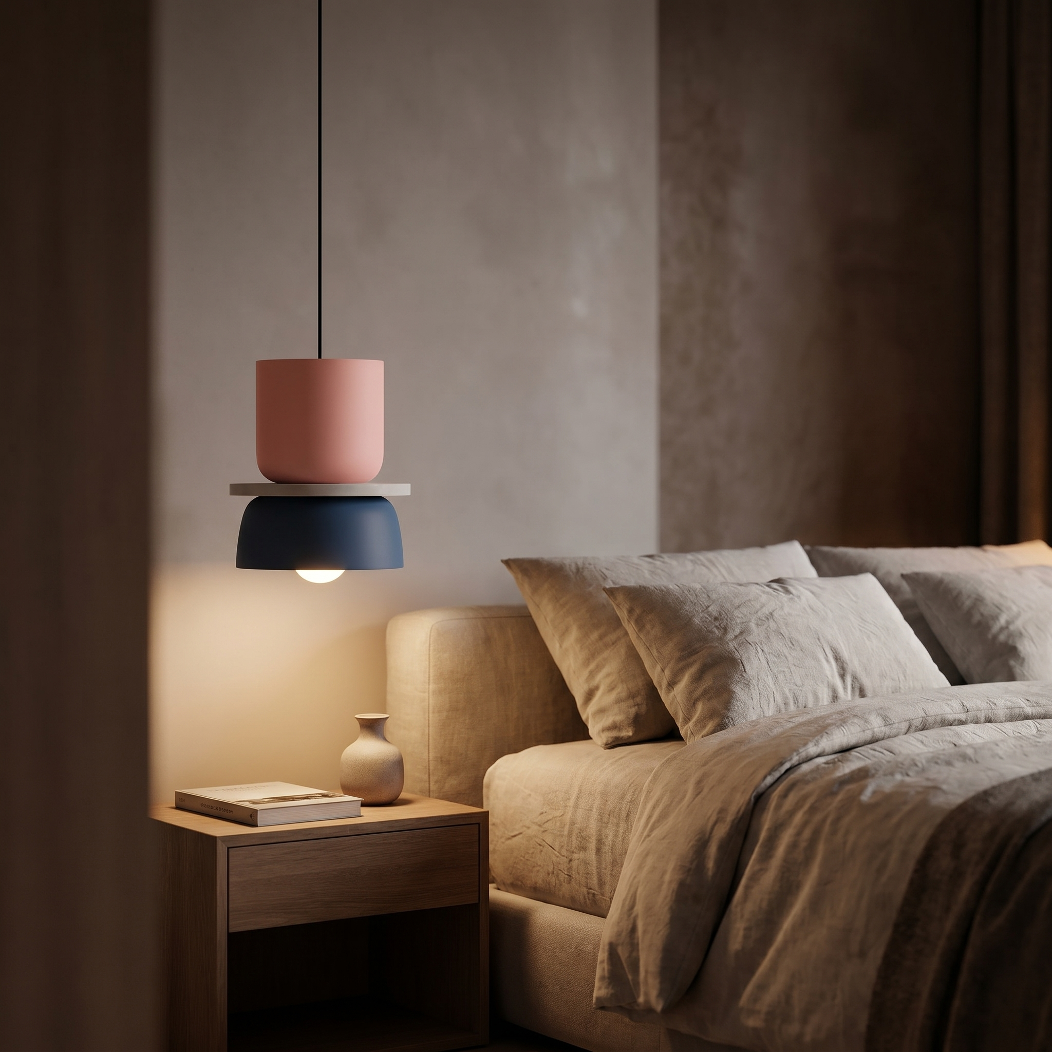 Pink and blue Macaron pendant light beside a bed