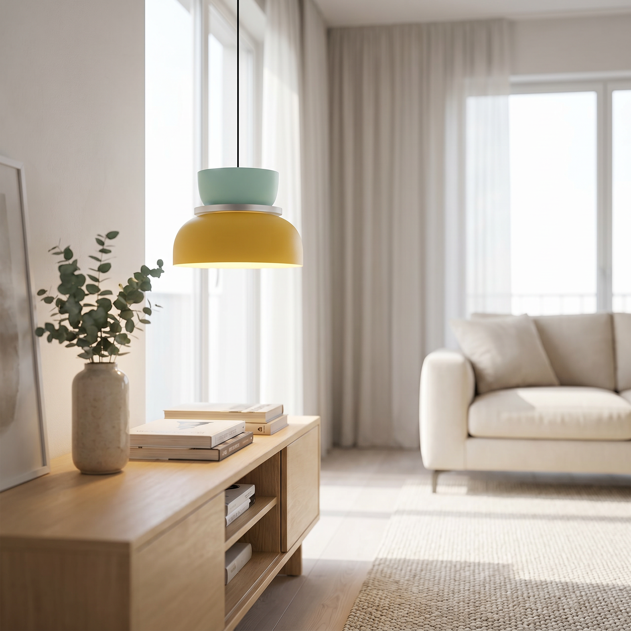 Cyan and yellow Macaron pendant light in a bright living room