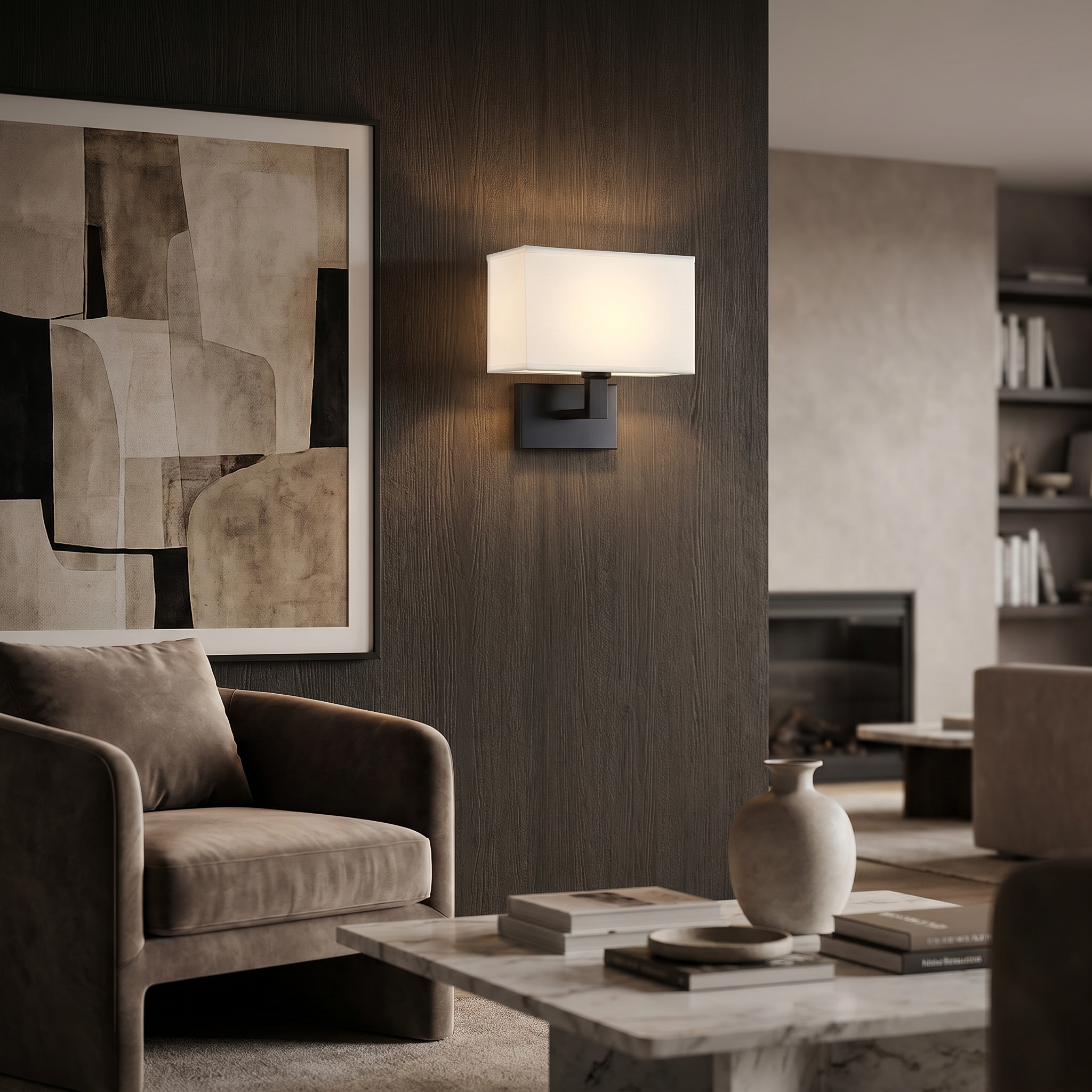 Black and white cuboid wall sconce on a living room feature wall