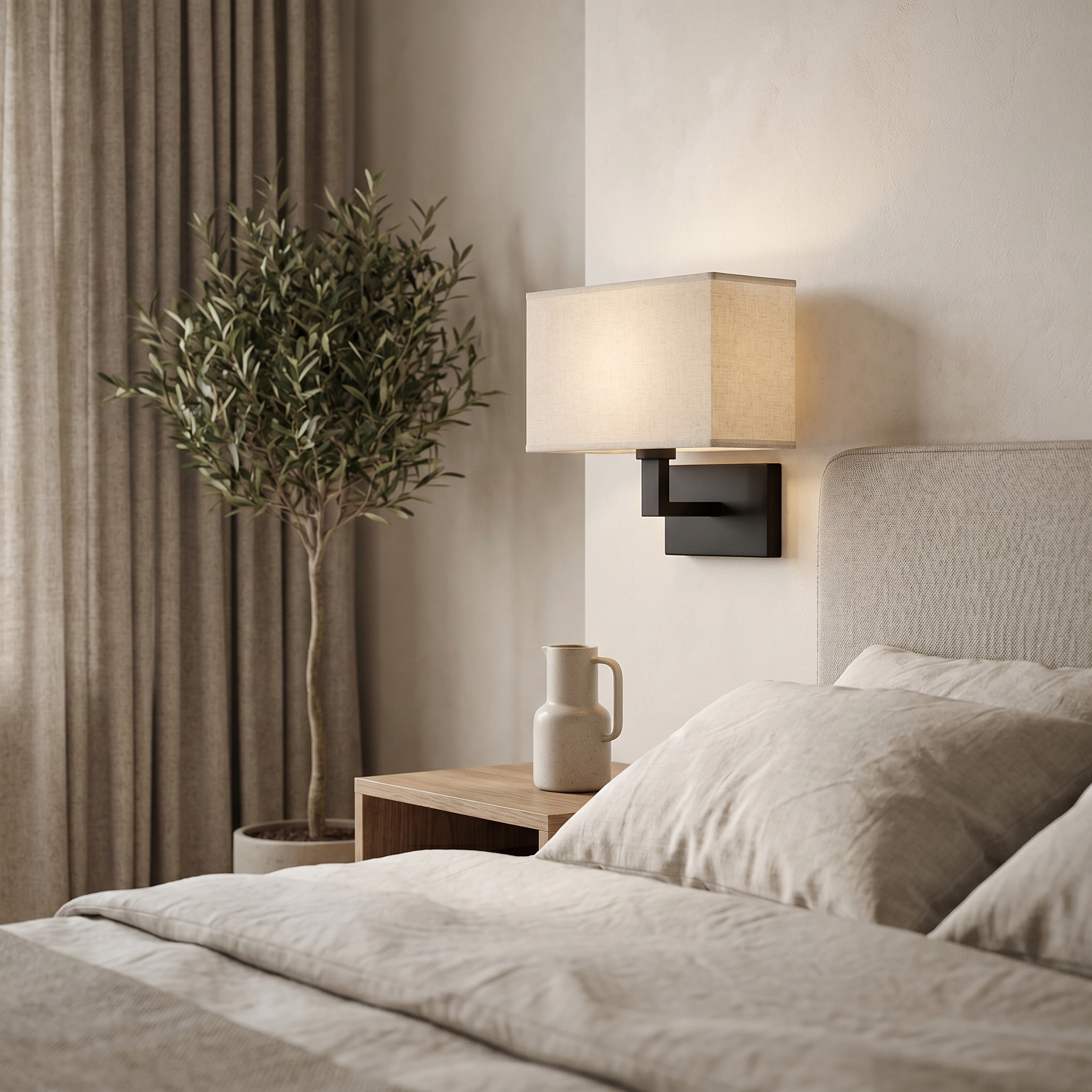 Black and beige cuboid wall sconce beside a bed headboard