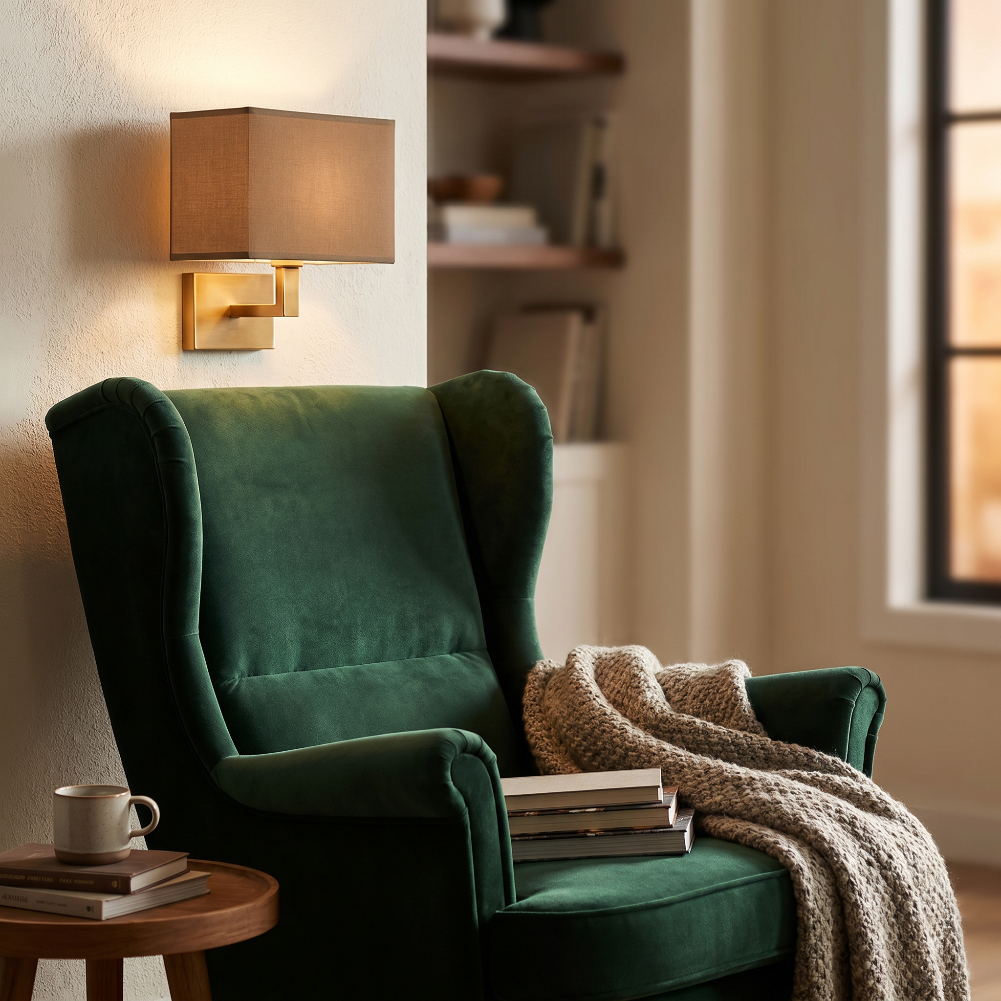 Gold and brown cuboid wall sconce in a cozy reading nook