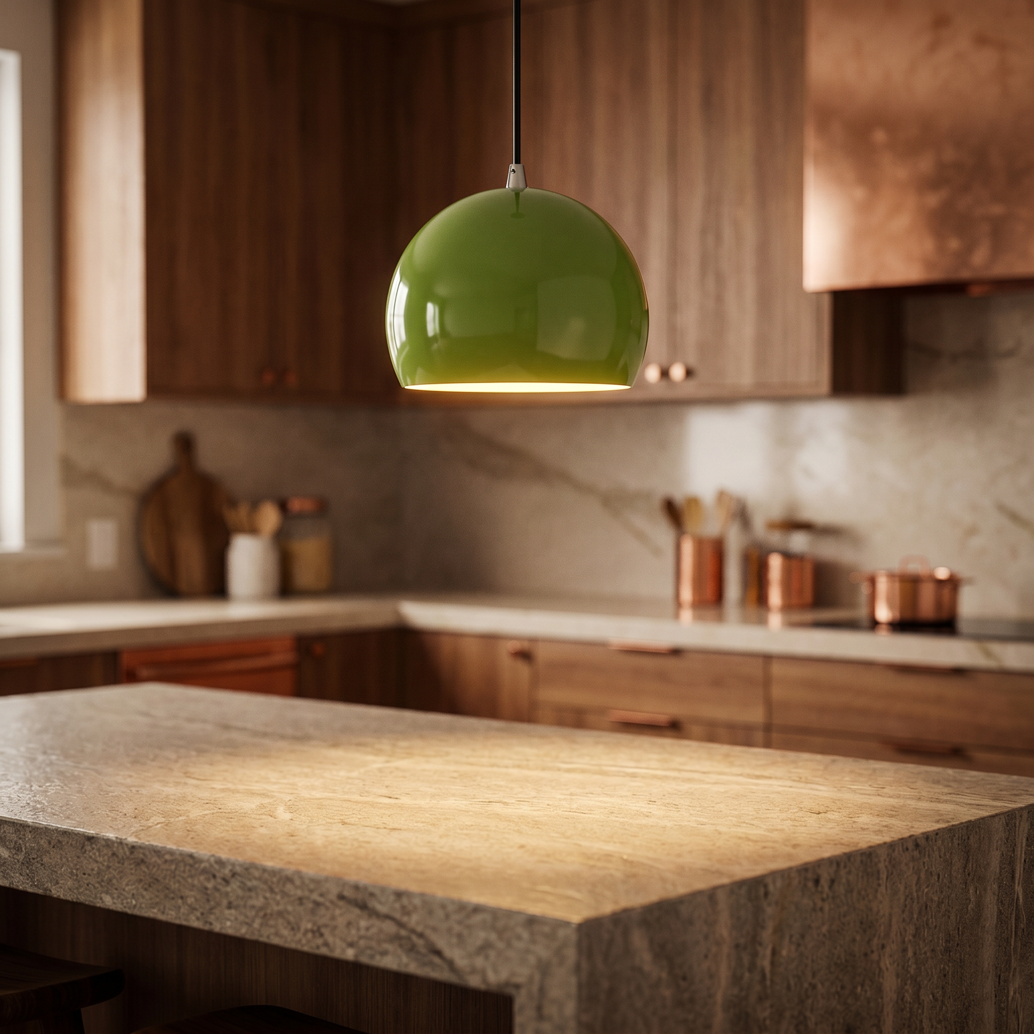 Apple green globe pendant light above a modern kitchen island