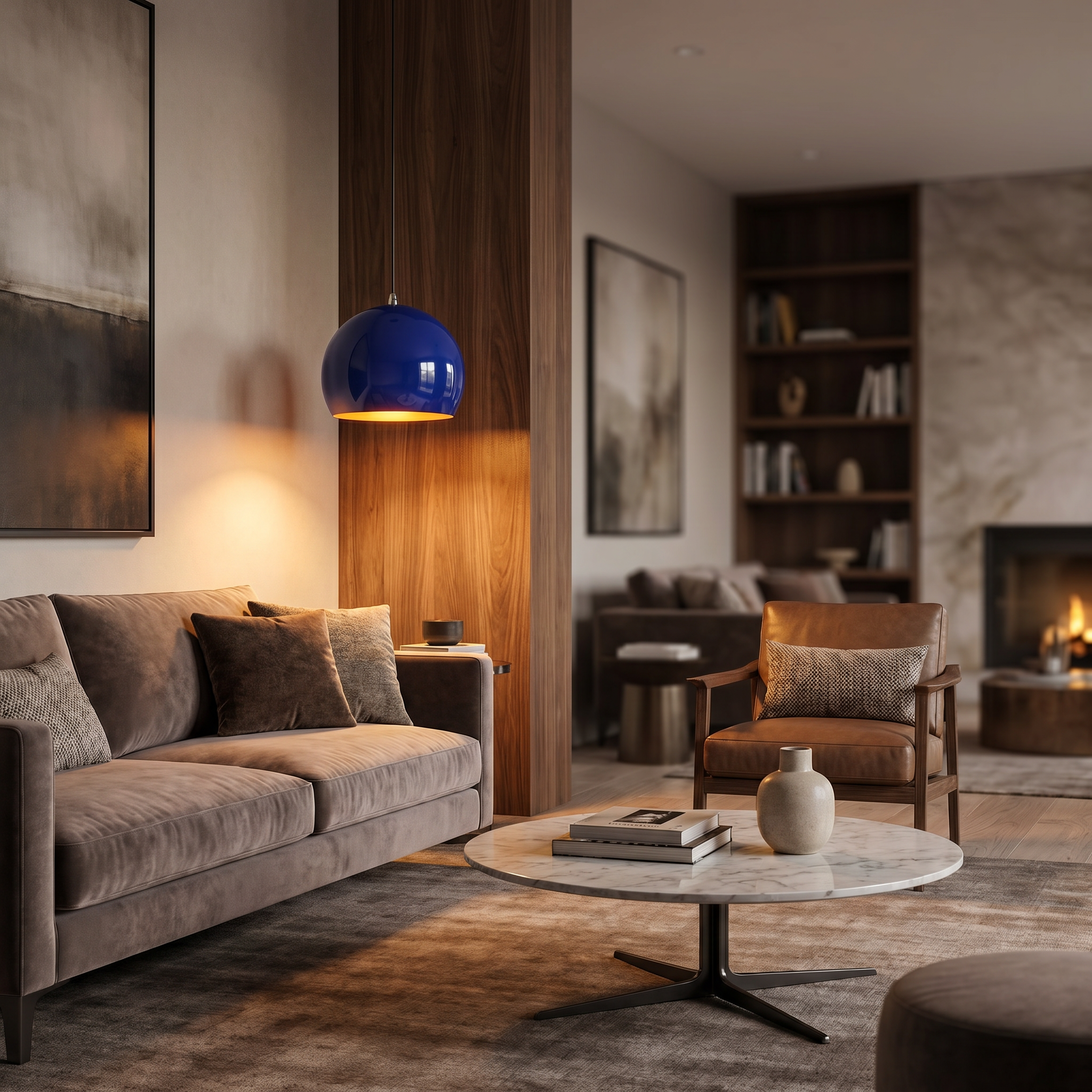 Cobalt blue globe pendant light in a refined living room