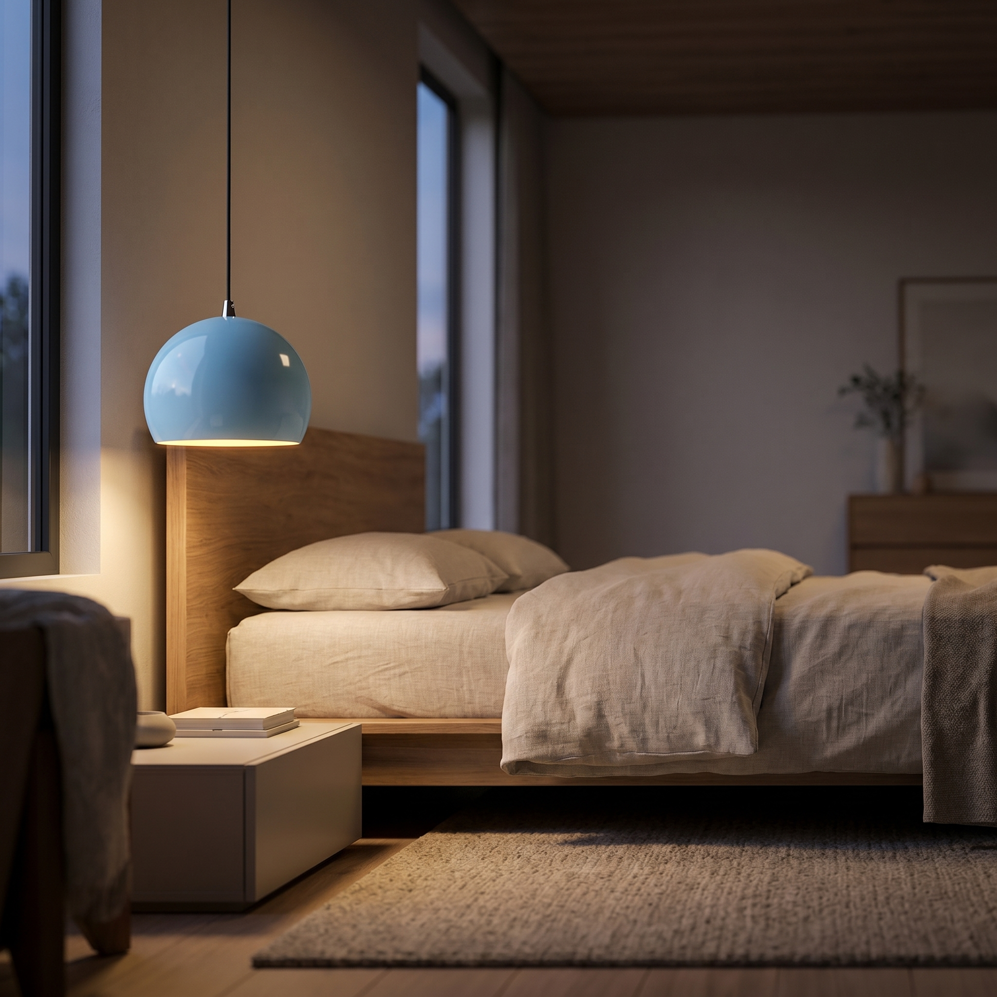 Baby blue globe pendant light beside a bed