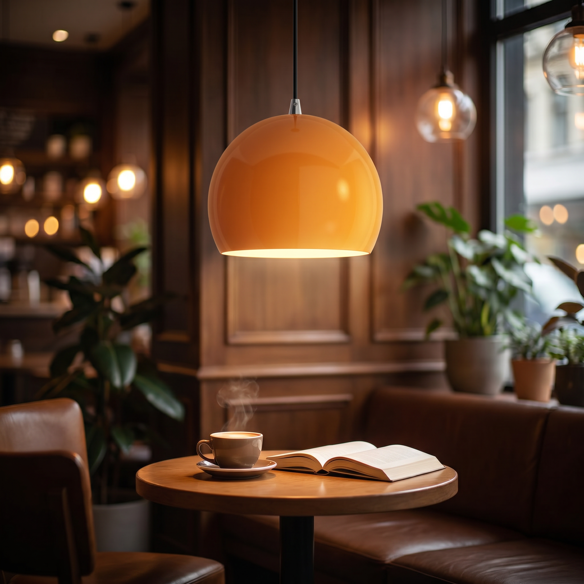 Orange globe pendant light in a cozy cafe