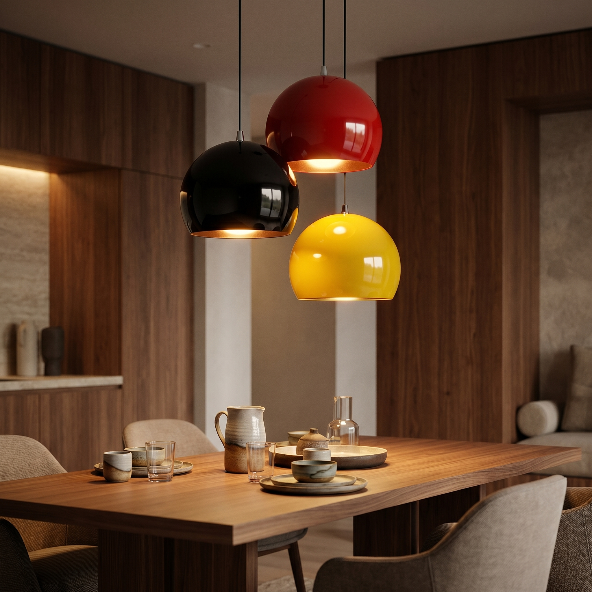 Black, red and yellow globe pendant lights clustered over a dining table