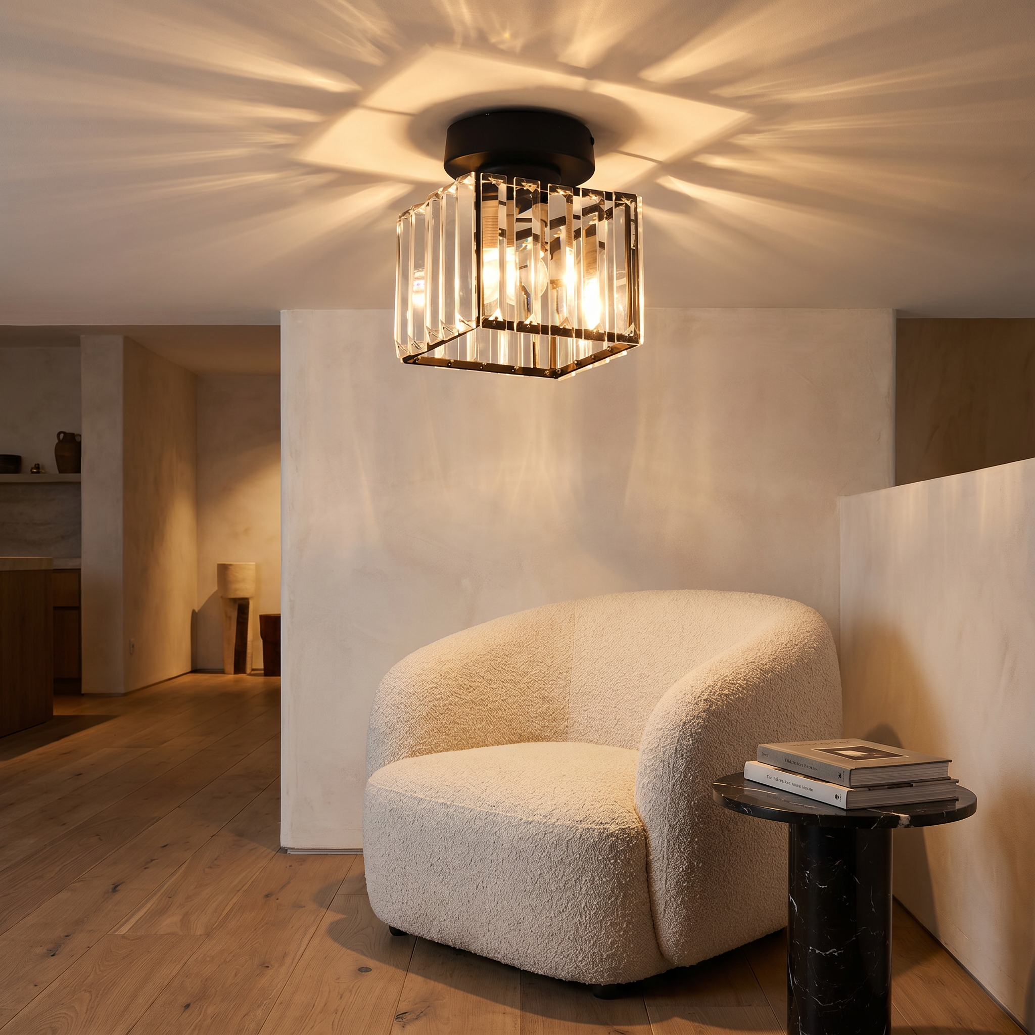 Square-plate Cristallo Lucente crystal flush mount lit over a reading corner with a boucle armchair