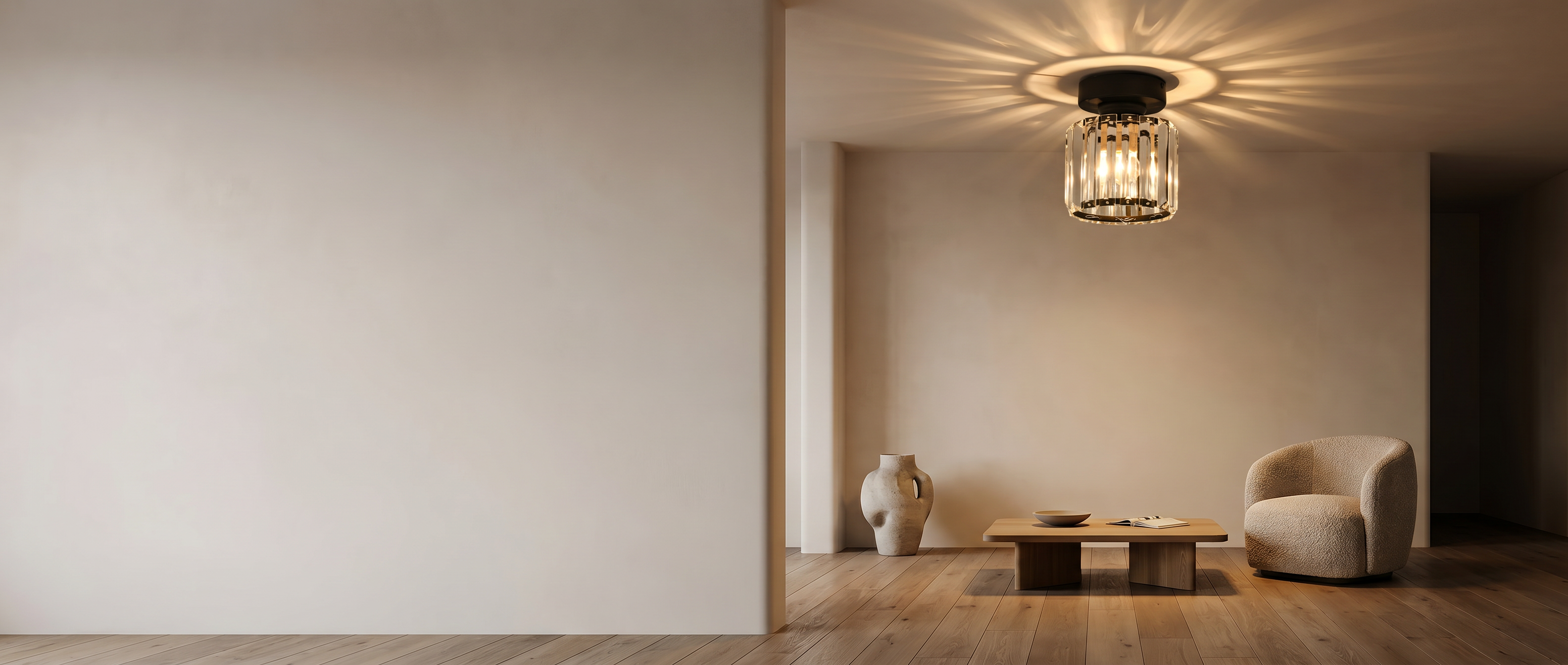 Cristallo Lucente crystal flush mount lit in a serene modern living space — widescreen banner