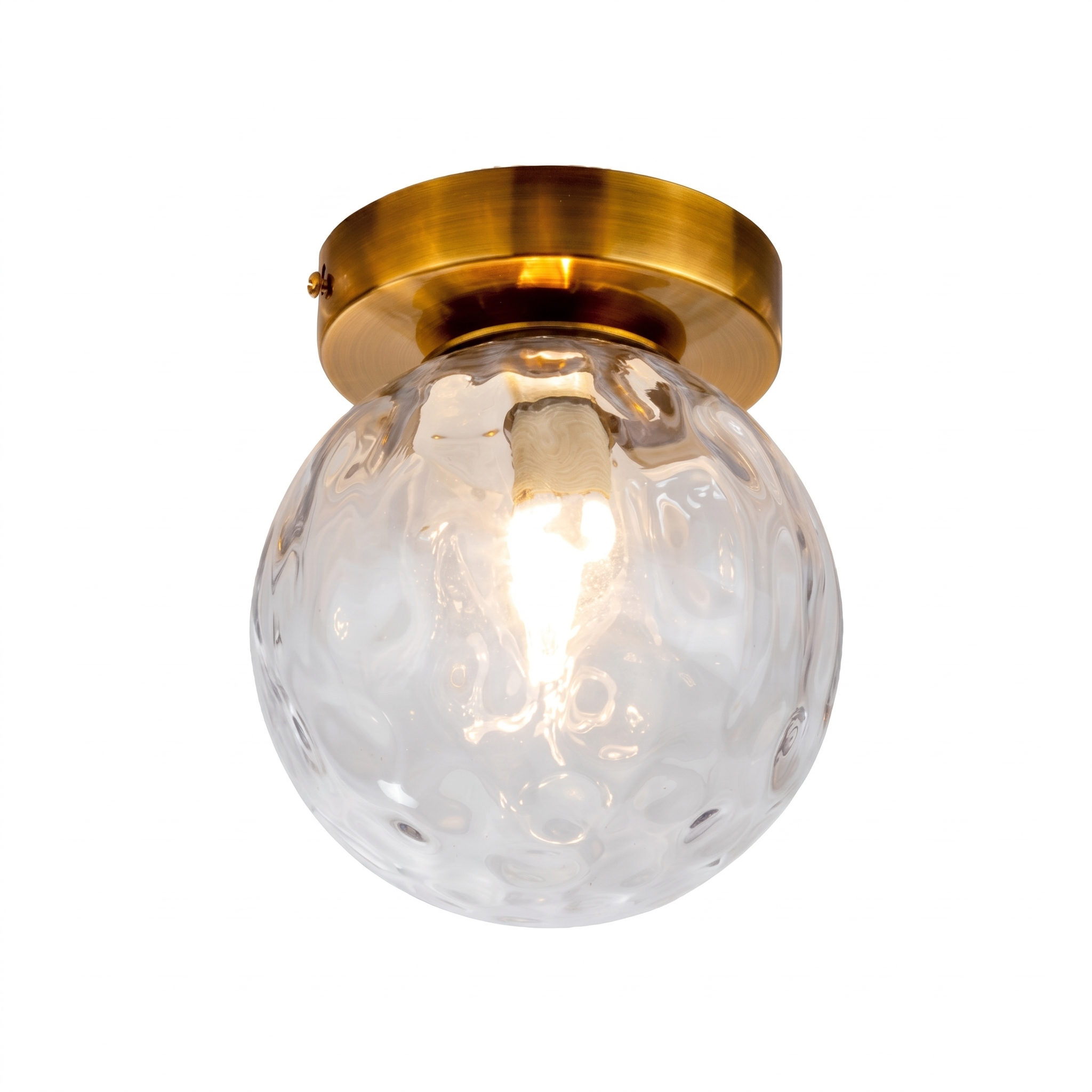 Rugiada Dorata brass dimpled-glass flush mount ceiling light, lit — clean white background product shot