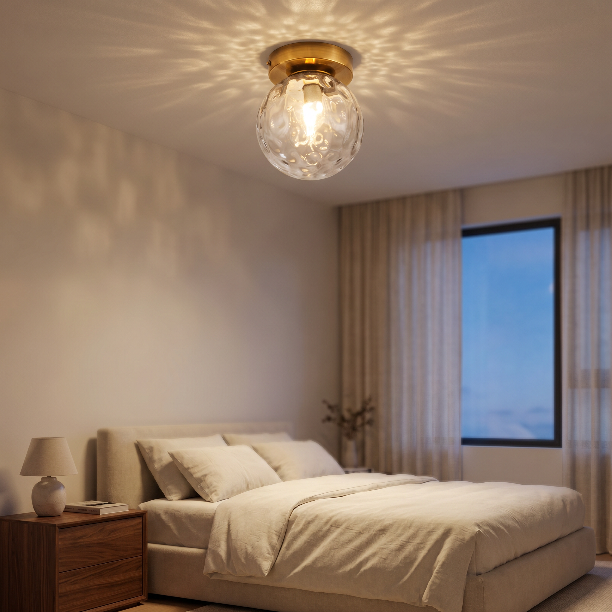 Rugiada Dorata flush mount lit above a bed in a calm Italian-inspired bedroom